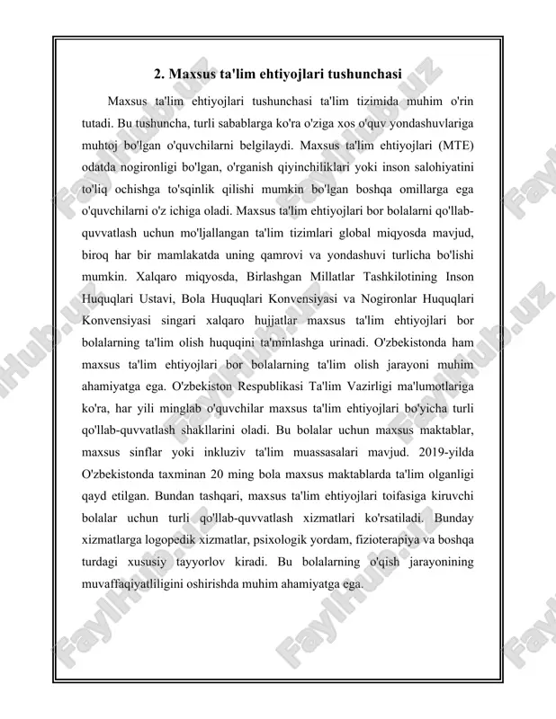 n shuning uchundirki, inklyuziv ta'lim bu muammo yechimida muhim ahamiyat kasb etadi. global ma'lumotlar shuni ko'rsatadiki, inklyuziv ta'lim tizimlari tarkibida bo'lgan o'quvchilar o'zini bilimliroq va jamiyatning faol a'zolari sifatida his qiladilar. masalan, yunisef tomonidan taqdim etilgan statistikaga ko'ra, inklyuziv ta'limda qatnashgan bolalarning 69% ga yaqin qismi maktabni muvaffaqiyatli tamomlaydi. bu ko'rsatkich odatiy ta'lim tizimi bilan ta'minlanmagan o'quvchilarga nisbatan ancha yuqori. inklyuziv ta'lim tizimlarida ko'pgina davlatlar muvaffaqiyatli amaliyotlarni amalga oshirishgan. masalan, finlyandiya va norvegiya kabi davlatlar inklyuziv ta'lim sohasida katta yutuqlarga erishishdi. ushbu davlatlarda bolalarning qariyb 98% maktabgacha ta'limdan boshlab inklyuziv ta'lim tizimi orqali ta'lim olishadi. bu mamlakatlarda nogironligi bor bolalar bilan bir qatorda barcha o'quvchilarga moslashtirilgan o'quv dasturlari ishlab chiqilgan va bu orqali barcha o'quvchilarning ta'lim olish imkoniyatlari yaxshilangan. o'zbekiston sharoitida ham inklyuziv ta'lim muhim masalalardan biri hisoblanadi. 2020 yilda o'zbekiston hukumati tomonidan "2020-2025 yillarda ta'lim sohasida inklyuziv ta'limni rivojlantirish" dasturi amalga kiritilgan bo'lib, unga asosan maktab va maktabgacha ta'lim …