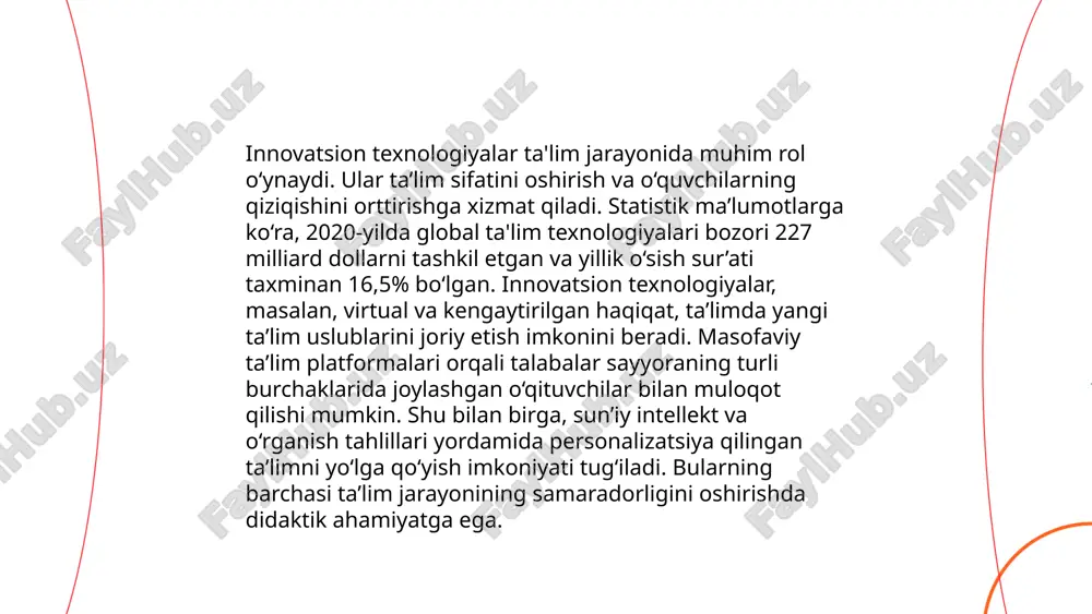 ar va o‘quv platformalari, masalan, moodle yoki google classroom, ta’lim jarayonini 40% ga samaraliroq qiladi. multimediya vositalaridan foydalanish o‘quvchilarning motivatsiyasini oshiradi va bilimlarni uzoq muddatli xotirada saqlash imkoniyatini 20-25% ga yaxshilaydi. shu tariqa, multimediya texnologiyalari ta’lim sifatini sezilarli darajada oshirishga yordam beradi va zamonaviy ta’lim jarayonida ajralmas vositalardan biri bo‘lib qoladi. ... t.me/slaydai_bot 10. masofaviy ta’limda texnologiyaning didaktik tamoyillari masofaviy ta'limda texnologiyaning didaktik tamoyillari yuqori sifatli ta’lim jarayonini ta’minlash uchun muhimdir. 1. "interaktivlik": talaba va o‘qituvchi o‘rtasidagi faol aloqani ta’minlaydi. 2. "moslashuvchanlik": har bir talabaga mos kurs materiallarini taqdim etish imkoniyatini yaratadi. 3. "foydalanuvchi qulayligi": o‘quv platformalari oddiy va tushunarli bo‘lishi lozim. 4. "multimedia": ma’ruza va topshiriqlar turli shakllarda, jumladan video va audio formatda berilishi kerak. 5. "doimiy monitoring": talabalar bilimlarini baholashning onlayn shakllari qo‘llaniladi. shu tamoyillar masofaviy ta’lim samaradorligini oshirishga yordam beradi. zamonaviy texnologiyalar bu jarayonni yengillashtiradi va ta’limning sifatini oshiradi. ... t.me/slaydai_bot 11. ta’lim muassasalarida raqamli o‘quv platformalarining …