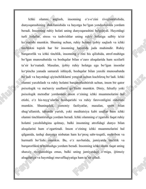 ga ta'siri juda kuchlidir. u insonni o‘zining ma'naviy yuksalishiga, ruhiy poklanishiga va ichki tinchlikni topishga chaqiradi. qur'onning har bir oyati, insonning qalbini tozalashga, uni pok va ilohiy yo‘lga ergashishga undaydi. qur'onda ma'naviy yuksalishning asosiy yo‘llaridan biri bu allohni zikr qilish va uning buyruqlariga amal qilishdir. bu esa insonning ruhini tinchlantiradi va uni haqiqiy ma'noda yuksaltiradi. qur'onning ma'naviyatga ta'sirini tushunish uchun uning ruhiy yuksalishga oid oyatlarini ko‘rib chiqish mumkin. "allohni zikr qilish qalblarni tinchlantiradi" (ra'd surasi, 28-oyat) degan oyat, qur'onda ma'naviyatning qanday o‘rnatilishi haqida to‘liq tushuncha beradi. qur'onning ma'naviy ta'siri, insonni yaxshi ishlarga yo‘naltirish, ularni yomonliklardan saqlash, sabr qilish va insoniy fazilatlarni rivojlantirishga qaratilgan. shuningdek, qur'onda ijtimoiy adolat, tinchlik, va bir-birini hurmat qilish kabi ma'naviy qadriyatlar ham keng yoritilgan. insonni o‘zaro mehr-oqibatli bo‘lishga, adolatli va halol hayot kechirishga chaqirish, qur'ondagi ma'naviy ta'limotlarning asosiy mazmunidir. ma'naviyatning qur'ondan olishadigan saboqlari insonni o‘zgarishga, qalbini poklashga va haqiqatni izlashga undaydi. qur'onning ruhiy ta'siri insonni ham …