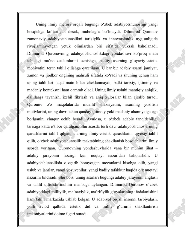 ko‘rsatishga intilgan. “cho‘lpon poetikasi” asari ilmiylik, badiiylik va tahliliy chuqurlik uyg‘unligida yozilgan bo‘lib, u o‘zbek adabiyotshunosligi tarixida muhim o‘rin egallaydi. asar nafaqat cho‘lpon ijodining ichki qatlamlarini ochib beradi, balki o‘quvchini ham o‘sha davr ruhini his qilishga undaydi. “cho‘lpon poetikasi” asari aslida o‘zbek adabiyotining eng nozik va serqatlam jihatlaridan birini – poetik tafakkur evolyutsiyasini o‘rganishga bag‘ishlangan bo‘lib, unda cho‘lpon ijodining o‘ziga xos badiiy olami sinchkovlik bilan yoritilgan. asarning yozilishida muallif oldiga faqatgina tarixiy tahlilni emas, balki cho‘lpon shaxsiyati va ijodidagi ichki dramatizm, ruhiy kechinmalar, insoniy iztirob va umid uyg‘unligini ochib berish maqsadini qo‘ygan. asarda muallif cho‘lponni milliy uyg‘onish g‘oyalari bilan yashagan va shu yo‘lni she’riyat orqali yoritgan buyuk ijodkor sifatida tasvirlaydi. u cho‘lponning har bir she’rida hayot va jamiyat bilan bog‘liq muammolarni, inson ruhiyatidagi keskin burilishlarni, millat taqdiri haqidagi iztiroblarni ilg‘aydi. ayniqsa, cho‘lponning “men” obrazini qanday badiiy shakllantirgani, qanday ruhiy-intellektual darajaga olib chiqqani muallif nigohida alohida o‘rin tutadi. muallif she’riyatdagi “tashvishli …