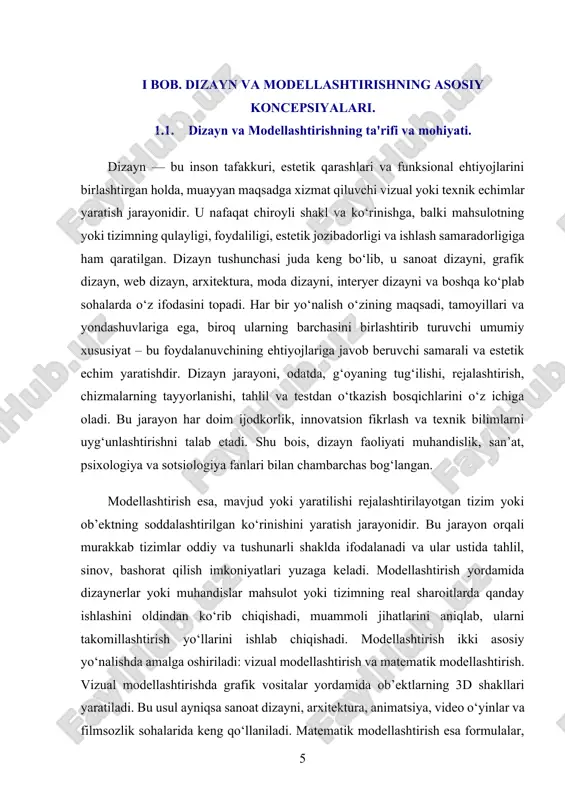ngillashtiruvchi, foydali va estetik jozibador mahsulotlar yaratish imkonini beradi. har bir zamonaviy texnologik yutuq, xizmat ko‘rsatish tizimi yoki sanoat mahsuloti ortida aynan dizayn va modellashtirish jarayonlari turadi. shu sababli ushbu ikki yo‘nalish bugungi innovatsion taraqqiyotda markaziy o‘rinni egallaydi. dizayn faoliyati – bu insonning atrof-muhitni o‘zgartirish, uni qulay, estetik va funksional qilishga qaratilgan ijodiy izlanishidir. dizayner nafaqat chiroyli ko‘rinishga ega mahsulot yaratishga harakat qiladi, balki u orqali odamlarning hayot sifatini yaxshilash, qulaylikni oshirish, ijtimoiy va texnologik muammolarga echim topishni maqsad qiladi. har qanday dizayn – bu kommunikatsiya vositasi, ya’ni foydalanuvchi bilan yaratuvchi o‘rtasidagi muloqot shaklidir. dizayn orqali g‘oya vizual obrazga aylanadi va bu obraz muayyan hissiy ta’sir, qulaylik va amaliylik bilan birlashadi. modellashtirish jarayoni esa, aynan shu dizayn g‘oyasining texnik ko‘rinishini yaratadi. bu bosqichda mahsulot yoki tizimning ishlash prinsiplari, konstruktiv xususiyatlari, tashqi ko‘rinishi va o‘lchamlar to‘g‘risidagi ma’lumotlar aniq va real asosda ifodalanadi. modellashtirish dizaynga aniqlik, ob’ektivlik va funksionallik kiritadi. aynan modellashtirish …