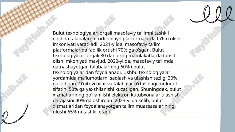 irishga yordam beradi. ... t.me/slaydai_bot 10. bulut texnologiyalari orqali o'quv materiallariga qulay kirish bulut texnologiyalari ta'lim sohasida o'quv materiallariga qulay kirishni ta'minlaydi. o'quv materiallari bulutda saqlanib, uzoq masofadan turib kirish imkonini beradi va har qanday qurilma orqali foydalanilishi mumkin. bulut xizmati foydalanuvchilarining soni yildan-yilga oshib bormoqda, 2023 yilda kelajak texnologiyasi bozorida bulut xizmatlarining ulushi 45% ga yetishi kutilmoqda. ushbu texnologiya orqali materiallar real vaqt rejimida yangilanib, global miqyosda talabalar o'rtasidagi hamkorlikni kuchaytiradi. bundan tashqari, bulutda 1 terabayt saqlash joyi o'rtacha 7-10 dollar evaziga taqdim etiladi. shu orqali maktab va universitetlar o'z xarajatlarini optimallashtirib, ta'lim tizimini yanada samarali qilib qo'yish imkoniga ega bo'ladi. ... t.me/slaydai_bot bulutli xizmatlar ta'lim samaradorligini oshirishda katta rol o'ynaydi. bugungi kunda, 80% dan ortiq ta'lim muassasalari bulutli texnologiyalardan foydalanadi. bulutli xizmatlar yordamida o'qituvchilar va talabalar istalgan joydan va istalgan vaqtda ma'lumotlarga kirish imkoniyatiga ega bo'lishadi. bu texnologiyalar orqali o'quv materiallarini 50% tezroq yuklash va ulashish imkoniyati mavjud. …