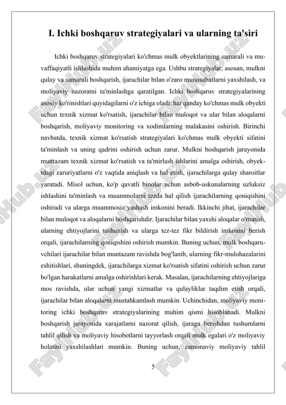 yektlarining muvaffaqiyatli boshqarilishi uchun muhim omil hisoblanadi. ularning samarali amalga oshirilishi ijarachilarning qoniqishini oshirish, mulk qiymatini oshirish va moliyaviy barqarorlikni ta'minlashga yordam beradi. kelajakda ichki boshqaruv strategiyalarini yanada takomillashtirish va ularni zamonaviy texnologiyalar bilan birlashtirish ko'chmas mulk boshqaruvi sohasidagi eng muhim vazifalardan biri bo'ladi. ko‘chmas mulk boshqaruvida ichki strategiyalarni to‘g‘ri belgilash va ularni zamonaviy texnologiyalar bilan uyg‘unlashtirish samarali boshqaruv tizimini shakllantirishda muhim rol o‘ynaydi. ichki boshqaruv strategiyalari deganda, mulkni saqlash, rivojlantirish, moliyalashtirish, mijozlar bilan muloqot va xodimlar faoliyatini tartibga solish bo‘yicha ichki tizim va yondashuvlar tushuniladi. texnologiyalar esa bu strategiyalarni yanada takomillashtirish imkonini beradi. avvalo, ichki boshqaruvning eng asosiy jihatlaridan biri bu ma’lumotlar boshqaruvi hisoblanadi. har bir mulk obyektiga oid hujjatlar, texnik ma’lumotlar, moliyaviy hisobotlar, mijozlar bilan tuzilgan shartnomalar va texnik xizmat yozuvlari markazlashtirilgan raqamli tizimda saqlanishi boshqaruvni ancha yengillashtiradi. bu orqali rahbarlar real vaqt rejimida ma’lumotlarga ega bo‘lishi, tezkor qarorlar qabul qilishi va nazoratni kuchaytirishi mumkin. ichki boshqaruv strategiyasining …