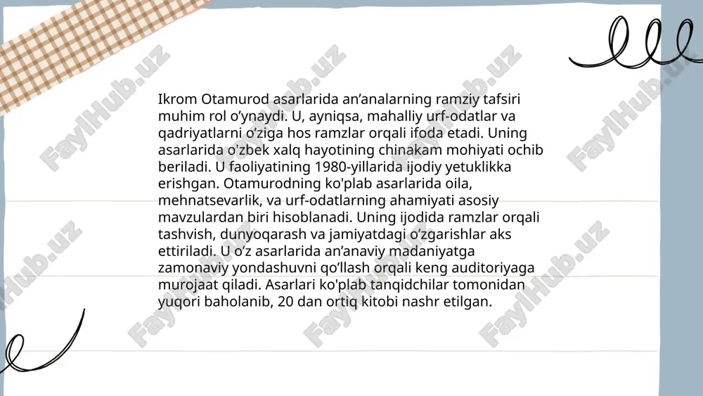 d logolari kabi zamonaviy ramzlar tez tanib olinadi. o'tmishda yozuv va naqshlarda ko'ringan ramzlar hozirgi davrda vizual kommunikatsiyada hamda dizaynda o'z aksini topmoqda. shunday qilib, ramzlar davrlar davomida o'zgarib boruvchi, lekin har doim xalq hayotida muhim rol o'ynagan vositadir. ... t.me/slaydai_bot ranglar qadimiy dostonlarda chuqur ramziy ma'noga ega bo‘lib, turli xil hissiyot va mazmunlarni ifodalaydi. masalan, qora rang ko‘pincha qayg‘u, o‘lim yoki sirli kuchlar bilan bog‘liq; oq rang esa poklik, sof ruhiy holat yoki ilohiy yorug‘likni anglatadi. qizil rang jasorat, sevgi va qon kechalarini ifodalaydi; yashil rang esa hayot va yangilanishni bildiradi. moviy osmon va cheksizlikni, tinchlik va barqarorlikni aks ettiradi. sariq esa quyosh nurlari, boylik va baxt ramzi sifatida qo‘llaniladi. har bir rang dostonlarda muhim ramz sifatida ishlatilib, qahramonlar va voqealar orqali chuqurroq ma’nolarni ochib beradi. ... t.me/slaydai_bot ikrom otamurodning dostonlari mavhumlik va ramzlar bilan boyitilgan bo'lib, ularning har biri o'ziga xos ma'noga ega. uning asarlarida milliy va ma'naviy …