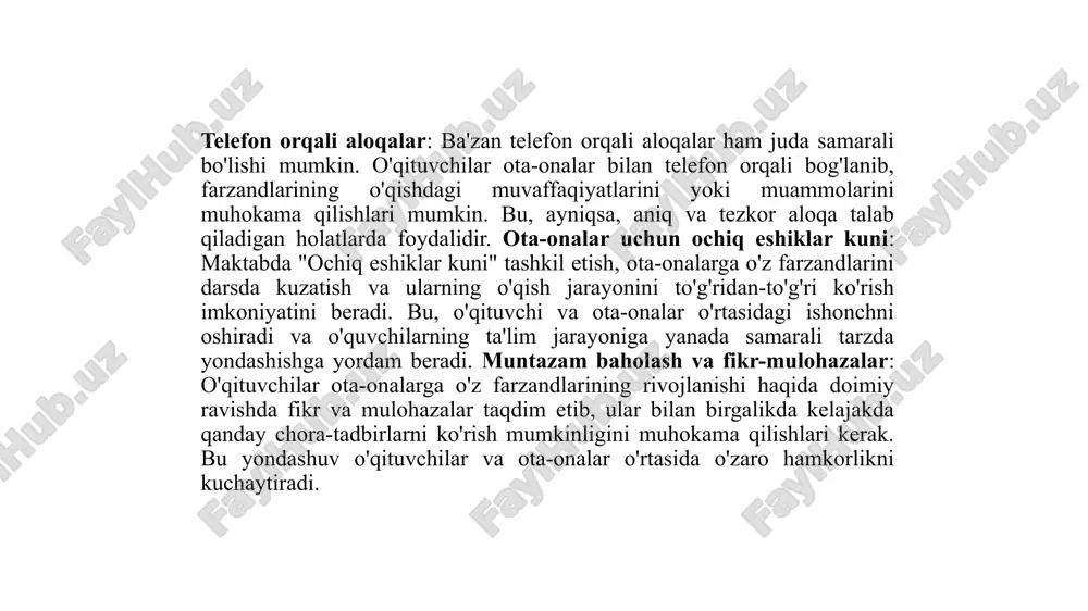 r yoki qonuniy talablar haqida maslahat beradi. ota-onalar uchun rivojlanish va qo'llab-quvvatlash dasturlari: ota-onalarga farzandlarini o'qish jarayonida qanday qo'llab-quvvatlash va rivojlantirish haqida maslahat berish uchun maxsus dasturlar tashkil etish mumkin. bu dasturlar, masalan, o'qish va yozuvni rivojlantirish, hissiy intellektni oshirish yoki ijtimoiy ko'nikmalarni mustahkamlashga qaratilgan bo'lishi mumkin. bunday dasturlar ota-onalarga o'z farzandlarining rivojlanishini kuzatib borish va ularni yanada samarali ta'lim olishlariga yordam berish imkonini yaratadi. 4. oila va maktab o'rtasidagi hamkorlikni rivojlantirish orqali o'quvchilarning ta'limdagi muvaffaqiyatini oshirish. oila va maktab o'rtasidagi hamkorlikni rivojlantirish, o'quvchilarning ta'limdagi muvaffaqiyatini oshirishda muhim omil hisoblanadi. ota-onalar va o'qituvchilar o'rtasidagi samarali hamkorlik, o'quvchilarga nafaqat ta'lim, balki ruhiy, ijtimoiy va emotsional jihatdan ham yordam beradi. oila va maktab o'rtasidagi integratsiya o'quvchilarning o'ziga bo'lgan ishonchini oshiradi, o'qishga bo'lgan motivatsiyasini kuchaytiradi va ta'lim jarayonining samaradorligini oshiradi. maktabda o'qituvchilar va ota-onalar o'rtasidagi aloqalar muntazam bo'lishi kerak. bu aloqalar telefon, elektron pochta, maktabning onlayn tizimlari yoki shaxsiy uchrashuvlar orqali amalga oshirilishi …
