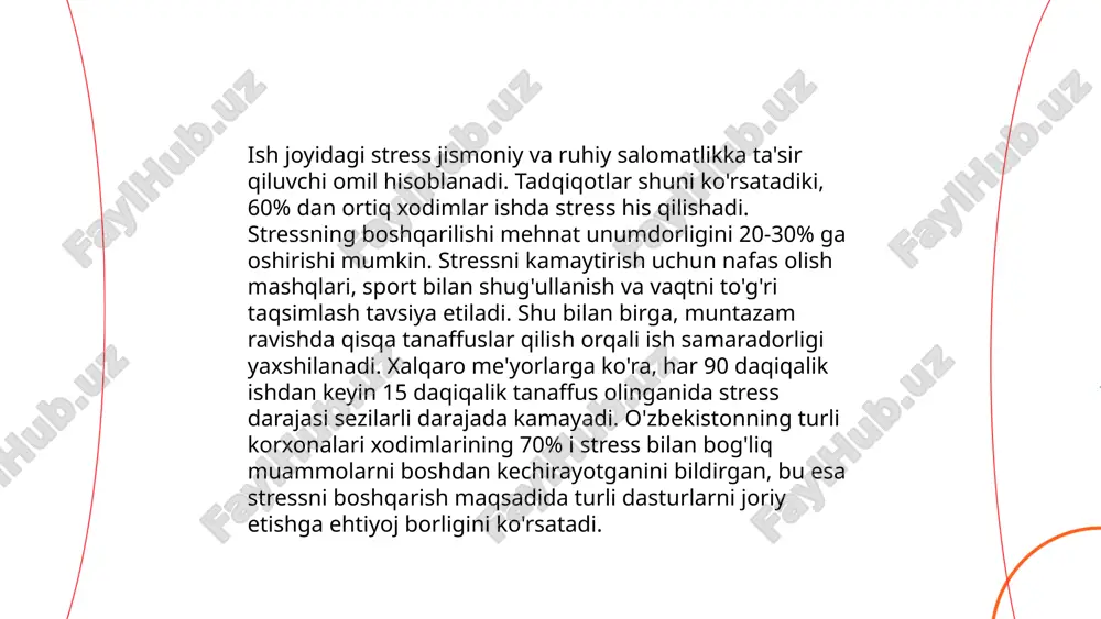 ni tashkil qiladi. muvoffaqiyatli liderlar o'z-o'zini anglash, empatiya va samarali kommunikatsiya kabi yumshoq ko'nikmalarga ega bo'lishlari zarur. ... t.me/slaydai_bot 10. mehnatdagi qoniqish va ish muhiti mehnatdagi qoniqish va ish muhiti xodimlarning samaradorligi va motivatsiyasiga sezilarli ta’sir ko‘rsatadi. o‘zbekiston respublikasida o‘tkazilgan tadqiqotlar natijasida, xodimlarning 65%i mehnatdagi qoniqish darajasini muhim deb bilishlari aniqlangan. ish muhitining yaxshi tashkil etilishi xodimlarning qoniqishini 20-30% oshirishi mumkin. shuningdek, ergonomik ofis jihozlari va moslashuvchan ish soatlari qoniqish darajasini 15-20% ga oshiradi. xodimlarning 40%i esa rahbariyat bilan ochiq muloqotni qoniqish uchun muhim deb hisoblaydi. ma'lumotlarga ko‘ra, o‘zbekistonda har yili mehnat qoniqishini oshirish hamda ish muhitini yaxshilash bo‘yicha 25ga yaqin dastur amalga oshiriladi. bu amaliyotlar ish joyidagi barqarorlikni ta’minlashga yordam beradi va xodimlarning o‘z vazifalariga sodiqlik darajasini 10-15% ga oshiradi. ... t.me/slaydai_bot qaror qabul qilish jarayonlari tashkilotlarda yoki shaxslar o'rtasida maqsadga erishish uchun amalga oshiriladigan analitik va strategik jarayondir. bu jarayon odatda quyidagi bosqichlarni o'z ichiga oladi: muammoni aniqlash; …