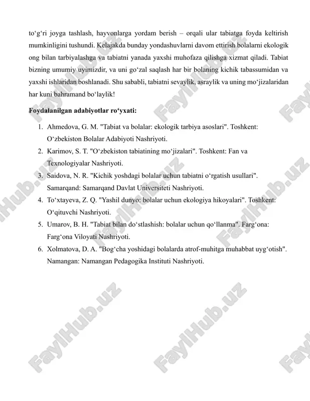 bir bolaning kichik qadamlaridan boshlanadi, va bu matn ana shu qadamlarni qo‘yishga yordam berdi. xulosa “mo‘jizaviy tabiat qo‘ynida” mavzusidagi matn bog‘cha yoshidagi bolalar uchun tabiatning mo‘jizalarini ochib berish va ularni atrof-muhitga mehr bilan qarashga o‘rgatish maqsadida yaratildi. ushbu matn orqali tabiatning go‘zalligi, o‘simliklar, hayvonlar, suv va quyoshning hayotdagi muhim o‘rni sodda va qiziqarli tarzda bolalarga yetkazildi. tahlil va natijalar shuni ko‘rsatdiki, tabiat haqidagi ma’lumotlar bolalar uchun tushunarli bo‘lib, ularda tabiatni sevish va uni asrash istagini uyg‘otdi. o‘zbekistonning tabiiy boyliklari – dalalar, daryolar, bog‘lar – misolida keltirilgan hikoyalar bolalarni o‘z vatanlari bilan faxrlanishga undadi. xulosa qilib aytganda, ushbu matn tabiat bilan do‘stlashishning birinchi qadamini tashlashga yordam berdi. bolalar tabiatning mo‘jizalaridan rohatlanishni, undan oqilona foydalanishni va uni asrashni o‘rgandi. kichik harakatlar – daraxt ekish, axlatni to‘g‘ri joyga tashlash, hayvonlarga yordam berish – orqali ular tabiatga foyda keltirish mumkinligini tushundi. kelajakda bunday yondashuvlarni davom ettirish bolalarni ekologik ong bilan tarbiyalashga va tabiatni yanada …