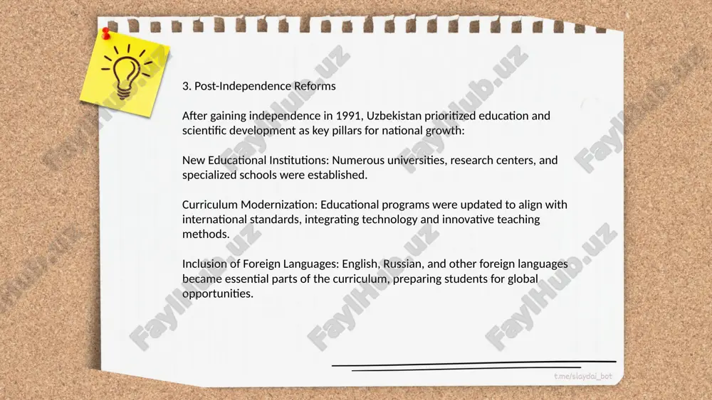 . these technological advancements aim to support more interactive and effective teaching methods, preparing students for a digitally-oriented future. ... t.me/slaydai_bot the evolution of curriculum standards in uzbekistan has been marked by significant reforms since gaining independence in 1991. initially, the country retained a soviet-style education system. by the late 1990s, uzbekistan introduced educational reforms aimed at modernizing curriculum standards to align with international practices. the 1997 law on education set the groundwork for these changes. in the 2000s, the national program for personnel training was implemented, emphasizing critical thinking and competency-based education. in 2017, further reforms were introduced, focusing on stem and vocational education to meet labor market demands. by 2021, the ministry of public education launched new educational standards, integrating digital technologies and multilingual education. these reforms aim to increase competitiveness and adapt to global educational trends, impacting over 9,500 schools nationwide. ... t.me/slaydai_bot 10. teacher training and …