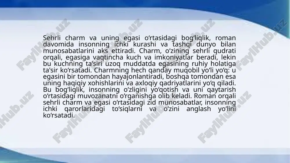 qat'iyati, insonni o‘z ichki istaklarini amalga oshirish yo‘lida to‘siqlar bilan yuzma-yuz qiladi. har bir qaror, istaklar va orzularni amalga oshirishda, inson taqdirining izchil qonunlariga duch keladi, bu esa uning hayotini murakkablashtiradi. inson o‘zining istaklarini amalga oshirishga intilganda, taqdir ularni o‘zgartirishga harakat qiladi, bu esa o‘z navbatida, ichki ziddiyat va kurashni yuzaga keltiradi. bu qarama-qarshilik, insonning o‘z orzularini amalga oshirishga bo‘lgan intilishining oxir-oqibatdagi fojialari va taqdirga qarshi kurashining noaniqligini ochib beradi. 4. hayot, muhabbat va o‘lim o‘rtasidagi falsafiy mushohada. roman, insonning hayot, muhabbat va o‘lim o‘rtasidagi o‘zaro bog‘liq va murakkab munosabatlarini chuqur tahlil qiladi. hayot, o‘zining cheksiz imkoniyatlari va qiyinchiliklari bilan insonni qarorlar qabul qilishga majbur qiladi, ammo muhabbat, o‘z navbatida, hayotning ma'nosini topish va ularni boshqarishdagi eng kuchli ta'sirchi hisoblanadi. muhabbat insonni baxtli qiladi, lekin shu bilan birga, o‘lim bilan yuzlashishni ham o‘rgatadi. o‘lim, insonning hayoti va muhabbati bilan bog‘liq bo‘lgan barcha orzular va xohishlarni oxir-oqibatda hal qiladi. hayotning ma'nosi, …