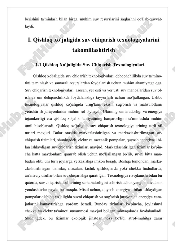 da suv ta'minoti yaxshilanadi, bu esa aholining umumiy hayot sifatini oshiradi. umuman olganda, qishloq xo'jaligida suv chiqarish texnologiyalari sohasida olib borilayotgan tadqiqotlar va innovatsiyalar qishloq xo'jaligini barqaror rivojlantirishda muhim rol o'ynaydi. ushbu texnologiyalarning samaradorligini oshirish va ularni ekologik jihatdan toza qilish orqali qishloq xo'jaligida suv resurslaridan oqilona foydalanishni ta'minlash mumkin. qishloq xo‘jaligida suv chiqarish texnologiyalari, suv resurslaridan samarali foydalanish va ishlab chiqarish jarayonlarini optimallashtirishda muhim ahamiyatga ega. suv, o‘simliklarning o‘sishi va hosil olish jarayonida asosiy resurs bo‘lib, uning to‘g‘ri va tejamkor ishlatilishi, yerning unumdorligini oshirish va qishloq xo‘jalik mahsulotlarining sifatini yaxshilashga yordam beradi. birinchi va eng keng tarqalgan texnologiya – tomchilatib sug‘orish tizimi. bu usulda suv o‘simliklarning ildizlariga to‘g‘ridan-to‘g‘ri yetkaziladi. tomchilatib sug‘orish, suvni isrof qilmasdan, har bir o‘simlik uchun zarur miqdorda suvni ta'minlaydi. ushbu texnologiya suvni samarali tejashga, tuproqning sho‘rlanishini kamaytirishga, o‘simliklarning yaxshi o‘sishiga yordam beradi. bundan tashqari, tomchilatib sug‘orish tizimi kamroq energiya sarfini talab qiladi va uni avtomatlashtirish mumkin, …