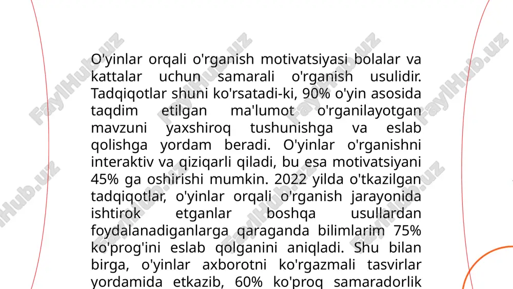 vosita hisoblanadi. tadqiqotlarga ko'ra, ijodiy qobiliyatlarni rivojlantirishda o'yinlar muhim rol o'ynaydi. masalan, lego konstruktori bilan o'ynash bolalarning makro va mikro tafakkurini oshiradi. shuningdek, skrebbl va boggle kabi so'z o'yinlari til boyligini ko'paytiradi va so'z birikmalarini yaratishga yordam beradi. tahlillar ko’rsatadi-ki, o’quvchilar o'yin faoliyatida ishtirok etgan holatda ijodiy vazifalar bajarilishida 30% ga samaraliroq natijalarga erishadilar. mazkur o’yinlar ijodni rag'batlantiradi, mantiqni rivojlantiradi va muammolarni hal etishda ijodiy yondashuvlarni shakllantiradi. shu sababli o'yinlar orqali ijodiy fikrlashni rivojlantirish jarayonini yo'lga qo'yish muhimdir. ... t.me/slaydai_bot ijtimoiy va kooperativ o'yinlar insonlar o'rtasida hamkorlik va muloqotni rivojlantirishda muhim rol o'ynaydi. ushbu o'yinlar orqali ishtirokchilar birgalikda maqsadga erishish uchun bilim va strategiyalarini almashadilar. yaponiyada kooperativ o'yinlar bozori 2019 yilda taxminan 12% o'sishni ko'rsatgan. 2018 yilda o‘tkazilgan tadqiqot natijalari ko'ra, 75% ishtirokchilar kooperativ o‘yinlar ijtimoiy aloqalarni mustahkamlashda yordam berishini ta'kidlashgan. ushbu turdagi o'yinlar bolalar, yoshlar va kattalar o'rtasida muhim mashg'ulot sifatida javob topmoqda. kooperativ o'yinlar orasida "pandemiya" va "xamkori" …