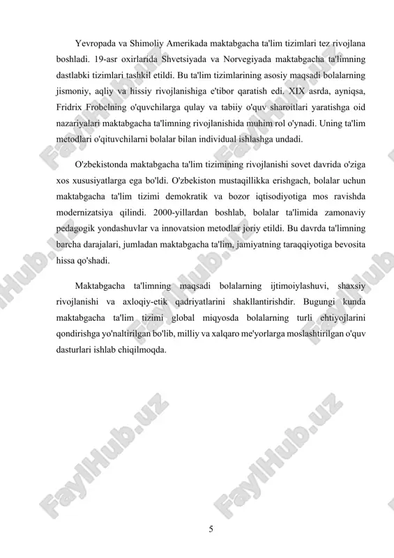 moqda. zamonaviy maktabgacha ta'limning asosiy yo'nalishlaridan biri — bolalarning ijtimoiy-emotsional va intellektual rivojlanishiga alohida e'tibor qaratish. pedagoglar bolalarga jamoada ishlash, boshqalar bilan muloqot qilish, empatiya va o'zini anglash qobiliyatlarini rivojlantirishga urg'u bermoqda. bu jarayon maktabgacha ta'limning asosiy vazifalaridan biri sifatida qaralmoqda. shuningdek, maktabgacha ta'limda o'qituvchilar uchun professional rivojlanishning ahamiyati oshmoqda. pedagoglarning tajribasi va bilimlarini doimiy yangilab borish, ularning pedagogik metodlarini takomillashtirish va zamonaviy texnologiyalardan samarali foydalanish uchun turli treninglar va seminarlar o'tkazilmoqda. raqamli texnologiyalarni maktabgacha ta'limda qo'llash esa o'zgarishlarning yana bir muhim yo'nalishidir. mobil ilovalar, o'quv dasturlari, onlayn o'quv resurslari va interaktiv o'quv platformalari bolalarning o'rganish jarayonini qiziqarli va samarali qilishga yordam beradi. bu bolalarning ijodkorlik va mantiqiy fikrlash qobiliyatlarini rivojlantirishga yordam beradigan vositalar hisoblanadi. bundan tashqari, maktabgacha ta'limni yanada samarali qilish uchun inkluziv ta'limga alohida e'tibor qaratilmoqda. bu nafaqat nogiron bolalar uchun, balki turli ehtiyojlari bo'lgan barcha bolalar uchun teng imkoniyatlar yaratishga yo'naltirilgan. inkluziv ta'lim usullari bolalarning ijtimoiy va …