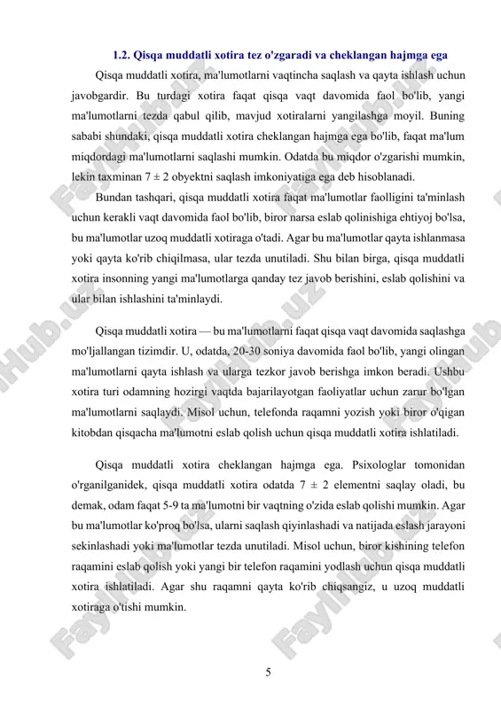 bunday tashkil etilgan ma'lumotlar, odamga eslab qolish va ularga qayta ishlashda yordam beradi. xotira va o'rganish jarayonlarida qisqa muddatli xotiraning rolini tushunish, uning cheklanganligini va o'zgaruvchanligini anglash, odamlarning yangi ma'lumotlarni qanday qilib samarali o'rganishi mumkinligini ko'rsatadi. bu esa, hayotimizdagi turli vazifalarni bajarish va tajriba orttirish jarayonlarini optimallashtirishga yordam beradi. buning natijasida, odamlar o'z ma'lumotlarini samarali ravishda saqlash, qayta ishlash va eslab qolish imkoniyatiga ega bo'ladilar. 1.3. uzoq muddatli xotira cheksiz bo'lib, uzoq vaqt davomida ma'lumotlarni saqlaydi uzoq muddatli xotira — bu ma'lumotlarni uzoq vaqt davomida saqlashga mo'ljallangan xotira tizimidir. u uzoq muddatli xotira tizimi cheksiz hajmdagi ma'lumotlarni saqlash imkoniyatiga ega. bu xotira turi, odamning o'rganilgan bilimlarini, hayot tajribalarini, voqealarni va hissiyotlarni yodda tutadi. boshqacha aytganda, uzoq muddatli xotira insonning barcha tajribalari va bilimlarini saqlab turadigan yirik ombor sifatida ishlaydi. uzoq muddatli xotira, qisqa muddatli xotiradan farq qiladi, chunki u ma'lumotlarni uzoq vaqt davomida saqlaydi. bu xotira turi cheksizdir, ya'ni odamlarning …