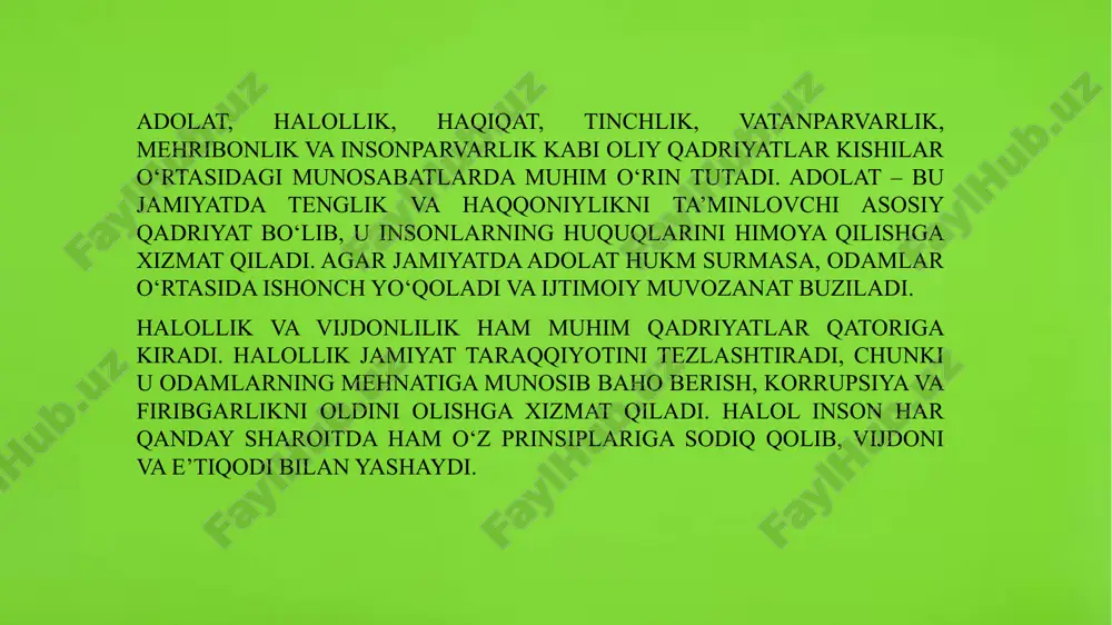 uni yanada rivojlantirish uchun jonbozlik ko‘rsatadi. 13 vatanparvarlik va insonparvarlik bir-biri bilan chambarchas bog‘liq bo‘lib, birini ikkinchisiz tasavvur qilish qiyin. chin vatanparvar inson o‘z yurti uchun fidokorona xizmat qilib, xalqining tinchligi va farovonligi uchun harakat qiladi. shu bilan birga, u nafaqat o‘z vatandoshlariga, balki butun insoniyatga mehr bilan qaraydi. insonparvarlik va vatanparvarlik uyg‘unligi jamiyatni yanada obod qiladi, odamlar orasida o‘zaro hurmat va e’tibor muhitini yaratadi. 14 etiboringiz uchun rahmad. 15 image1.jfif image2.jfif image3.jfif image4.jfif image5.jfif image6.jfif image7.jfif image8.jfif image9.jfif image10.jfif