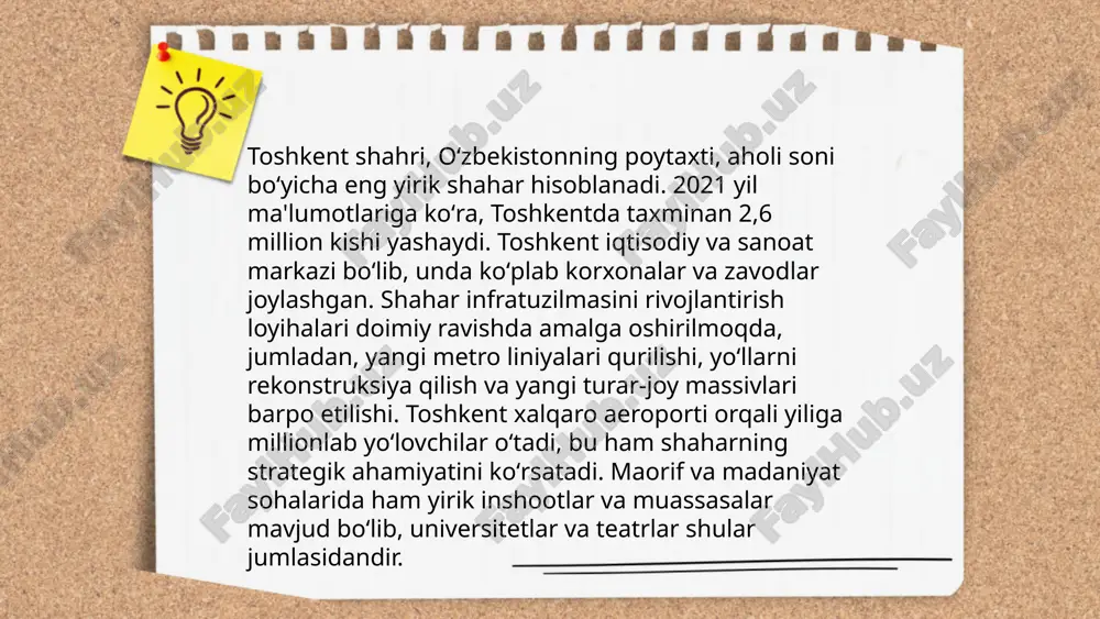 arishi energiya, qishloq xo'jaligi va ekologiyaga jiddiy ta'sir etmoqda. ... t.me/slaydai_bot zarafshon vodiysi o'zbekiston va tojikiston hududlarida joylashgan bo'lib, asosan zarafshon daryosining o'zani bo'ylab cho'zilgan. vodiyning rivojlanish tarixi qadim zamonlarga borib taqaladi. bu hudud, ayniqsa, bronza davrida savdo-sotiq va madaniy almashuv markazi bo'lgan. zarafshon daryosi qishloq xo'jaligi va suv resurslarining asosiy manbai hisoblanadi. vodiyning diqqatga sazovor joylari orasida samarqand shahri va uning tarixiy yodgorliklari bor. zarafshon vodiysi hududida zich qishloq xo'jaligi tarmog'i mavjud. 20-asrda vodiyning iqtisodiy va ijtimoiy ahamiyati o'zbekiston ssr va tojikiston ssr davrida sezilarli darajada oshgan. ... t.me/slaydai_bot 13. oʻzbekistondagi tarixiy yodgorliklar joylashuvi oʻzbekistonda koʻplab tarixiy yodgorliklar joylashgan bo'lib, ularning barchasi boy madaniy va tarixiy merosni ifodalaydi. samarqandda amir temur maqbarasi, registon ansambli va shoxi-zinda majmuasi joylashgan. buxoroda ark qal’asi, po-i-kalon majmuasi va ismoil somoniy maqbarasi diqqatga sazovor joylardir. xivada ichan-qal’a – ichki shahar devori, kalta minor minori va muhammad aminxon madrasasi mashhurdir. shahrisabzda esa oqsaroy saroyi va …