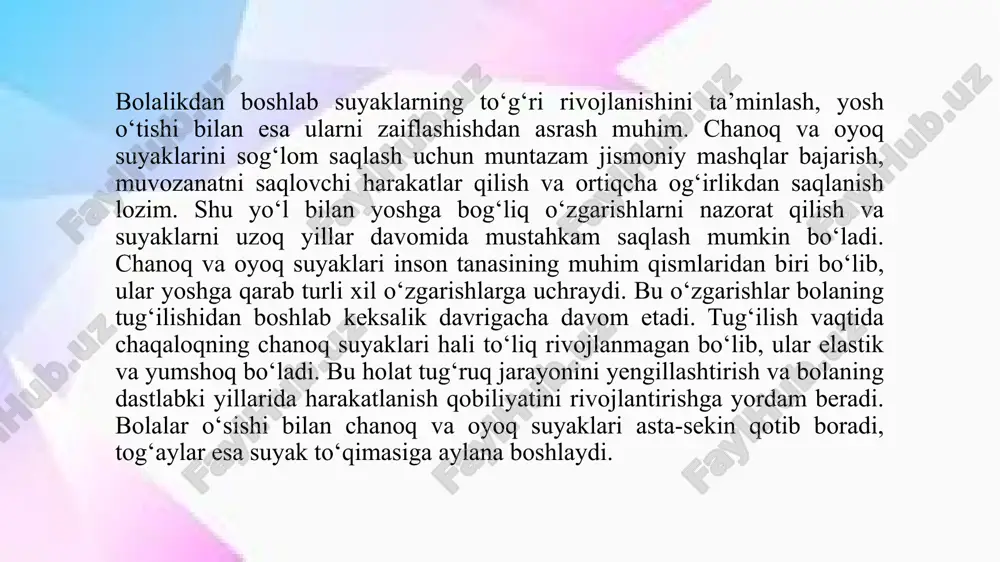 umkin. shu sababli, og‘ir mehnat bilan shug‘ullanadigan kishilar maxsus himoya kiyimlari kiyishi, tana holatini to‘g‘ri saqlashi va suyaklarni mustahkamlovchi mashqlar bajarishi lozim. 4. chanoq va oyoq suyaklari rivojlanishining tug‘ma va orttirilgan nuqsonlari. chanoq va oyoq suyaklarining rivojlanishida tug‘ma va orttirilgan nuqsonlar muhim ahamiyatga ega. ushbu nuqsonlar suyaklarning shakllanishi, harakatlanish imkoniyatlari va insonning umumiy jismoniy faoliyatiga ta’sir ko‘rsatishi mumkin. tug‘ma nuqsonlar odatda genetik omillar yoki homila rivojlanishidagi buzilishlar natijasida yuzaga keladi, orttirilgan nuqsonlar esa tashqi omillar, travmalar yoki turli kasalliklar ta’sirida rivojlanadi. 12 tug‘ma nuqsonlar tug‘ma nuqsonlar bolada tug‘ilishdan oldin paydo bo‘ladi va ko‘pincha genetik omillar yoki homiladorlik davrida yuzaga kelgan noqulay sharoitlar natijasida kelib chiqadi. chanoq va oyoq suyaklarining tug‘ma nuqsonlari orasida quyidagilar eng ko‘p uchraydi: chanoq bo‘g‘imining tug‘ma chiqishi (displaziya) – bu holatda chanoq-son bo‘g‘imi to‘g‘ri shakllanmaydi, natijada bolaning yurish qobiliyati zaiflashadi va oyoq suyaklari noto‘g‘ri rivojlanishi mumkin. displaziya odatda irsiy bo‘lib, uni erta davolash ortiqcha muammolarni oldini olishga …