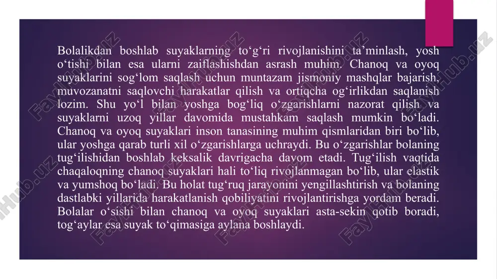 umkin. shu sababli, og‘ir mehnat bilan shug‘ullanadigan kishilar maxsus himoya kiyimlari kiyishi, tana holatini to‘g‘ri saqlashi va suyaklarni mustahkamlovchi mashqlar bajarishi lozim. 4. chanoq va oyoq suyaklari rivojlanishining tug‘ma va orttirilgan nuqsonlari. chanoq va oyoq suyaklarining rivojlanishida tug‘ma va orttirilgan nuqsonlar muhim ahamiyatga ega. ushbu nuqsonlar suyaklarning shakllanishi, harakatlanish imkoniyatlari va insonning umumiy jismoniy faoliyatiga ta’sir ko‘rsatishi mumkin. tug‘ma nuqsonlar odatda genetik omillar yoki homila rivojlanishidagi buzilishlar natijasida yuzaga keladi, orttirilgan nuqsonlar esa tashqi omillar, travmalar yoki turli kasalliklar ta’sirida rivojlanadi. 12 tug‘ma nuqsonlar tug‘ma nuqsonlar bolada tug‘ilishdan oldin paydo bo‘ladi va ko‘pincha genetik omillar yoki homiladorlik davrida yuzaga kelgan noqulay sharoitlar natijasida kelib chiqadi. chanoq va oyoq suyaklarining tug‘ma nuqsonlari orasida quyidagilar eng ko‘p uchraydi: chanoq bo‘g‘imining tug‘ma chiqishi (displaziya) – bu holatda chanoq-son bo‘g‘imi to‘g‘ri shakllanmaydi, natijada bolaning yurish qobiliyati zaiflashadi va oyoq suyaklari noto‘g‘ri rivojlanishi mumkin. displaziya odatda irsiy bo‘lib, uni erta davolash ortiqcha muammolarni oldini olishga …