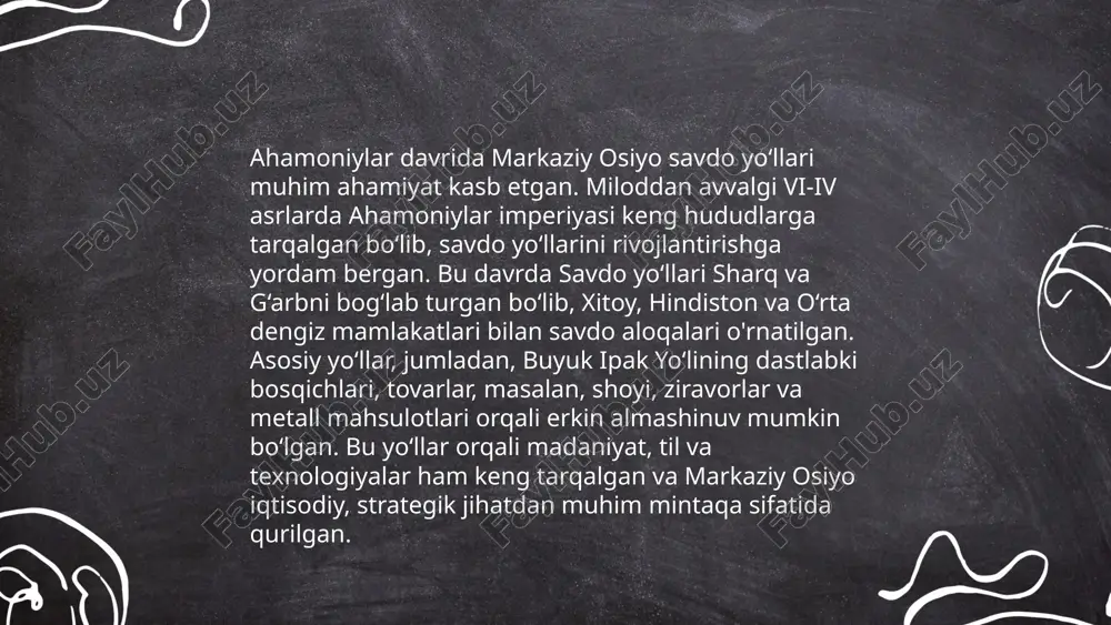 ash oson edi. harbiy strategiyalari ko‘p jihatdan piyoda askarlar va otliq qo‘shinlardan iborat bo‘lib, ular minglab askarlardan tashkil topgan edi. ahamoniylar zamonida kommunikatsiya uchun "qirollik yo‘li" tizimi orqali tezkor aloqa yo‘lga qo‘yilgan. bu strategiyalar va tuzilmalar yaqin sharqda uzoq vaqt davomida barqarorlikni ta’minlagan. ... t.me/slaydai_bot ahamoniylar davrida (miloddan avvalgi 550-330 yillar) markaziy osiyo hududida madaniy rivojlanish sezilarli o‘zgarishlarga yuz tutdi. ushbu davrda yozuv amaliyoti tarqaldi, fors va qadimgi elam yozuvi ishlatildi. arxitektura sohasida persepolis kabi monumental binolar va zardushtiylik diniy komplekslari qurildi. zardushtiylik dini ahamiyat kasb etdi, uning ta’siri san’atda va jamiyatning kundalik hayotida sezildi. shaharlarda savdo rivojlanib, ipak yo‘li orqali madaniy aloqalar kuchaydi. turli elatlardan iborat aholida fors tili hukmron bo‘lib, davlatning rasmiy tili sifatida foydalanildi. shu bilan birga, mahalliy tillar va madaniyatlar ham o‘z o‘rnini saqlab qoldi. ... t.me/slaydai_bot 13. ahamoniylar davrida markaziy osiyo san'ati ahamoniylar davrida (miloddan avvalgi 6-4 asrlar) markaziy osiyo san'ati o'ziga xos rivojlanishga erishdi. …