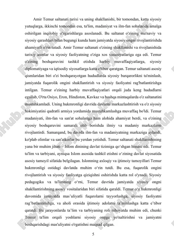 ixda katta iz qoldirdi. temur, 1336-yilda, markaziy osiyo, ayniqsa, hozirgi o‘zbekistonda tug‘ilgan va juda qisqa vaqt ichida keng hududlarni egallab, o‘zining kuchli saltanatini tashkil etgan. uning siyosiy faoliyati, boshqaruv uslublari va mamlakatni boshqarishdagi siyosiy tamoyillari bugungi kungacha o‘rganiladi. amir temur o‘z faoliyatini harbiy yurishlar, diplomatiya va davlatni markazlashtirishga asoslagan. uning siyosiy faoliyatidagi asosiy tamoyillardan biri – harbiy qudrat orqali siyosiy hokimiyatni mustahkamlash edi. temur, jangovar yutuqlari orqali katta hududlarni, jumladan, o‘rta osiyo, eron, kavkaz, hindiston va shimoliy hindistonni egalladi. u o‘zining qudratli armiyasi yordamida, o‘z davlati hududidagi qarshiliklarni bartaraf etdi va barqaror siyosiy boshqaruvni o‘rnatdi. bundan tashqari, temur davlatni markazlashtirish siyosatini amalga oshirdi. u davlatni bir markazdan boshqarishni, ya'ni qarorlar chiqarishda va siyosiy boshqaruvda markaziy hokimiyatni kuchaytirishni afzal ko‘rgan. uning siyosiy boshqaruvidagi bir qator muhim xususiyatlar, jumladan, aristokratiyaga qarshi kurashish, shaxsiy sodiqlikni rag‘batlantirish va davlat boshqaruvini samarali tashkil etish, temurning siyosatining mustahkamligi va uzoq davom etishini ta'minladi. amir temur siyosiy …