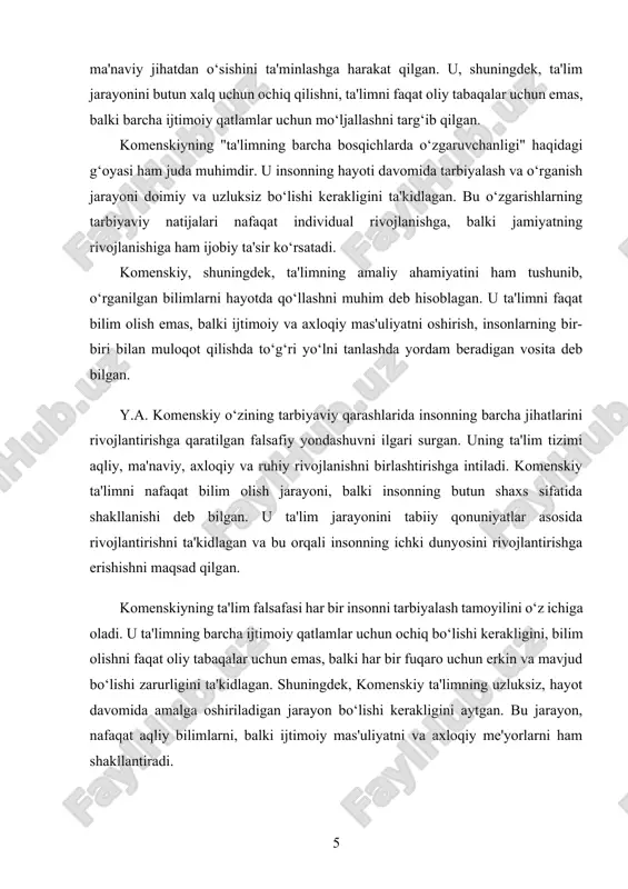a ularni rivojlantirishga xizmat qilishi kerak. 2. har tomonlama rivojlanish komenskiy tarbiyani faqat aqliy faoliyat bilan cheklamagan. u insonni ma'naviy, axloqiy, ijtimoiy va jismoniy jihatdan rivojlantirishni nazarda tutgan. u ta'lim jarayonida har tomonlama shakllanishga e’tibor qaratgan va buni insonning barcha jihatlari, xususan, axloqiy qadriyatlarini shakllantirish orqali amalga oshirishni muhim deb bilgan. 3. individual yondashuv komenskiy har bir insonning ehtiyojlari va qobiliyatlari bilan mos keladigan yondashuvni qo‘llashni ta'kidlagan. har bir tarbiyalanuvchi o‘zining ichki potensialiga ega va unga mos tarzda ta'lim berish lozim. bu prinsip, o‘quvchilarni bir xil shablonlar bilan emas, balki ularning individual imkoniyatlari va ehtiyojlariga qarab tarbiyalashni anglatadi. 4. uzluksiz ta'lim komenskiy ta'lim jarayonini faqat o‘qish davriga cheklamagan, balki hayot davomida davom etishi kerakligini aytgan. tarbiya jarayoni o‘quv muassasalarida boshlanib, insonning umr bo‘yi davom etadigan bir jarayon sifatida ko‘riladi. bu prinsip tarbiyaning uzluksiz va doimiy bo‘lishi kerakligini anglatadi. 5. o‘rganishning amaliy ahamiyati komenskiy, ta'lim va tarbiyani faqat nazariy bilimlarga emas, …