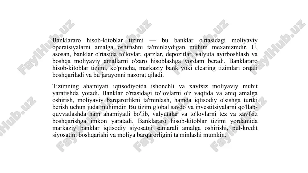 y asoslari banklar o'rtasidagi moliyaviy aloqalarni tartibga solish va samarali ishlashini ta'minlash uchun zarur. bu asoslar, bir tomondan, yuridik huquqlar va majburiyatlar, ikkinchi tomondan, moliyaviy jarayonlar va risklarni boshqarishni o'z ichiga oladi. huquqiy asoslar banklararo hisob-kitoblar tizimining muvofiq va adolatli ishlashini ta'minlash uchun ishlatiladi. banklararo operatsiyalarni amalga oshirishda har bir mamlakat o'zining qonunlari va reglamentlariga amal qiladi. bu qonunlar banklar o'rtasidagi to'lovlarning tartibini, o'zaro shartnomalarni va tizimlar orasidagi ma'lumot almashinuvini tartibga soladi. shuningdek, banklarning moliyaviy faoliyatini nazorat qilishda moliyaviy regulyatorlar, markaziy banklar va xalqaro moliyaviy tashkilotlar muhim rol o'ynaydi. xalqaro savdolar va global moliya bozorlari ham o'zaro huquqiy kelishuvlar va shartnomalar orqali amalga oshiriladi. 4. banklararo hisob-kitoblar va ularning monitoringi. banklararo hisob-kitoblar va ularning monitoringi banklar va moliyaviy institutlar o'rtasidagi moliyaviy operatsiyalarni samarali va xavfsiz amalga oshirishda muhim rol o'ynaydi. bu jarayon, bir tomondan, hisob-kitoblarning to'g'riligini va xavfsizligini ta'minlash, ikkinchi tomondan, banklarning moliyaviy barqarorligini nazorat qilishni o'z ichiga oladi. banklararo …