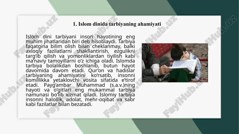 bir insonni jamiyatda muhim o‘rin tutadigan, axloqiy jihatdan yetuk shaxs sifatida shakllantiradi. shuningdek, islomda ota-onalar hamda jamiyatning o‘rni katta bo‘lib, tarbiya jarayonida o‘qituvchilar, ota-onalar va jamoat rahbarlari o‘quvchilarga o‘zlari yaxshi ko‘rsatadigan axloqiy fazilatlar bilan namuna bo‘lishi kerak. etiboingiz uchun rahmat! image1.png image2.jpeg image3.jpeg image4.jpeg