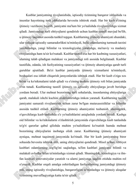 ndirish, iqtisodiy va ijtimoiy rivojlanishni ta'minlash uchun bir necha asosiy guruhlarga bo'linadi. har bir guruh kasb egalari tomonidan bajariladigan faoliyatning turli sohalarini aks ettiradi. kasblarning tasnifi ularning maqsadlari, vazifalari va jamiyatdagi roli asosida amalga oshiriladi. kasblarning asosiy guruhlari quyidagicha tasniflanadi. intelektual kasblar ilmiy, ta'lim, boshqaruv va texnikaviy faoliyatni o'z ichiga olgan kasblarni anglatadi. bu guruhga ilm-fan, texnologiya, tahlil va boshqaruv sohalaridagi kasblar kiradi. intelektual kasblar yuqori malaka va chuqur bilimlarni talab qiladi. o'qituvchilar, olimlar, dasturchilar va muhendislar bu guruhga misol bo'ladi. amaliy kasblar ishlab chiqarish va texnik xizmat ko'rsatish sohalarida faoliyat yuritadigan kasblarni o'z ichiga oladi. ular jamiyatning ehtiyojlarini qondirish, mahsulotlar ishlab chiqarish va texnik xizmatlar ko'rsatishga qaratilgan. quruvchilar, ishlab chiqarish ishchilari, mexaniklar va elektrchilar amaliy kasblarga misol bo'ladi. xizmat ko'rsatish kasblari jamiyatning turli ehtiyojlarini bevosita xizmat ko'rsatish orqali qondiradigan kasblarni o'z ichiga oladi. bu guruhda tibbiyot, ta'lim, turizm, axborot texnologiyalari kabi sohalarda faoliyat yuritadigan mutaxassislar bor. shifokorlar, o'qituvchilar, turizm …