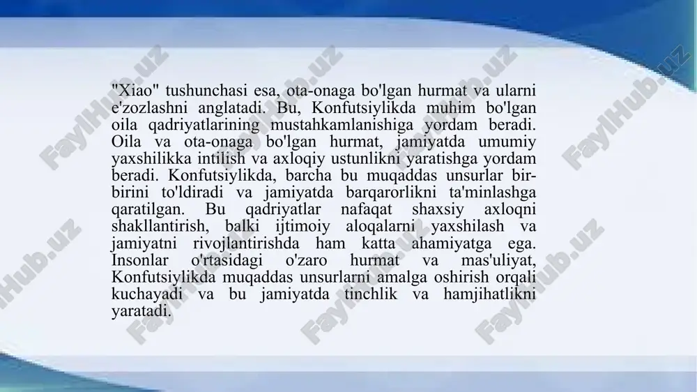 ni ta'minlashga yordam beradi. 4. konfutsiylikda ota-onaga bo‘lgan hurmat va uning jamiyatdagi o‘rni. konfutsiylikda ota-onaga bo‘lgan hurmat alohida ahamiyatga ega bo‘lib, bu qadriyat jamiyatda axloqiy tartib va oila o‘rtasidagi mustahkam aloqalarni ta'minlashda muhim rol o‘ynaydi. ota-onaga hurmat konfutsiylikning asosiy tushunchalaridan biri bo‘lib, bu ijtimoiy va ma'naviy hayotda katta o‘ringa ega. bu tushuncha "xiao" deb ataladi va ota-onaga bo‘lgan hurmat, shuningdek, jamiyatdagi umumiy axloqiy yuksalish va ijtimoiy barqarorlikni saqlashga xizmat qiladi. ota-onaga hurmat konfutsiylikda shaxsning axloqiy tarbiyasining asosini tashkil etadi. "xiao" tushunchasi ota-onaning mehnatini, ularning farzandlaridagi tarbiya va sevgisini e'tirof etishni anglatadi. konfutsiylikda o‘qituvchi yoki ota-ona o‘zining farzandiga nafaqat dunyoviy bilimlarni, balki ma'naviy va axloqiy qadriyatlarni ham o‘rgatadi. bu o‘rinda, ota-onaga bo‘lgan hurmat, faqat tashqi ravishda ularga xizmat ko‘rsatishdan iborat emas, balki ularga o‘zining ichki ehtiromi va mehrini namoyon etishdir. konfutsiylikda ota-onaga bo‘lgan hurmatning jamiyatdagi o‘rni ham juda muhimdir. ota-onaga hurmat qilish, ijtimoiy mas'uliyatni anglash va jamiyatda ahloqiy barqarorlikni ta'minlashga yordam …
