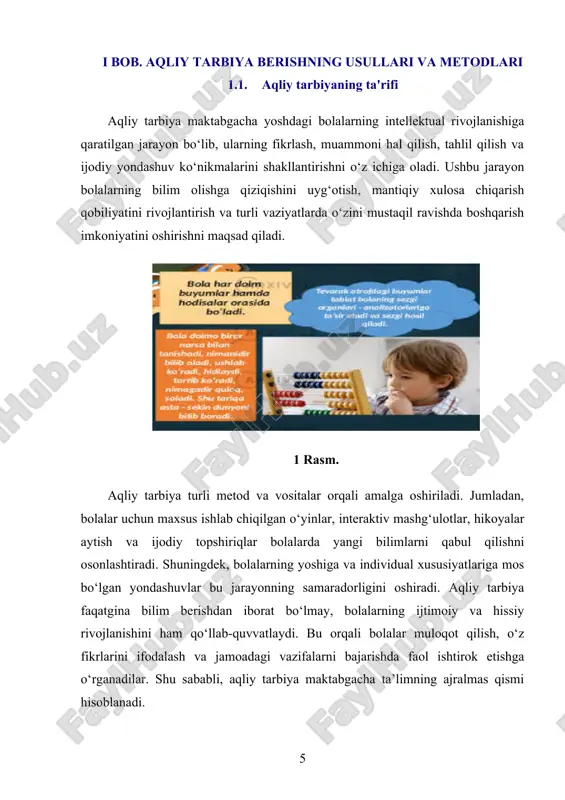 hunishga o‘rgatishdir. bu jarayon bolalarni mustaqil fikrlaydigan, ijodkor va ijtimoiy jihatdan faol shaxs sifatida shakllanishiga yordam beradi. shu sababli, aqliy tarbiya faqat ta’lim jarayonining bir qismi emas, balki bolaning hayotga tayyorgarlik ko‘rishidagi muhim bosqich sifatida qaraladi. bundan tashqari, aqliy tarbiya milliy va umuminsoniy qadriyatlar asosida bolalarda dunyoqarashni shakllantirishga xizmat qiladi. bolalarning intellektual salohiyatini rivojlantirish orqali kelajakda ularning jamiyatdagi faolligi va muvaffaqiyatga erishish imkoniyatlari kengayadi. shu bois, maktabgacha yoshdagi bolalarda aqliy rivojlanishni rag‘batlantiruvchi usullarni ishlab chiqish va qo‘llash ta’lim tizimining ustuvor yo‘nalishlaridan biri hisoblanadi. aqliy tarbiya maktabgacha yoshdagi bolalarning intellektual rivojlanishiga ijobiy ta’sir ko‘rsatadigan ta’lim va tarbiya jarayonidir. u bolalarning fikrlash, idrok qilish, tahlil etish, mantiqiy xulosa chiqarish, ijodiy yondashuv kabi qobiliyatlarini shakllantirishga xizmat qiladi. bu jarayon orqali bolalar o‘zlarini o‘rab turgan muhitni chuqurroq anglab, atrofdagi hodisalar va narsalar o‘rtasidagi aloqalarni tushunishga o‘rganadilar. aqliy tarbiya bolalarning o‘quv faoliyati va kundalik hayotida zarur bo‘lgan kognitiv ko‘nikmalarni rivojlantiradi. bunday tarbiya jarayonida bolalar savollar …