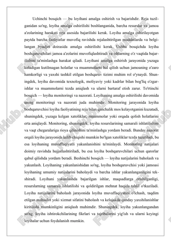 ar bir bosqichi o'zaro aloqada bo'lib, bir bosqichning muvaffaqiyati keyingi bosqichlarning natijalariga ta'sir ko'rsatadi. shuning uchun har bir bosqichni aniq va samarali rejalashtirish, bajarish va nazorat qilish zarur. loyihalashtirish jarayonining boshlanishi, albatta, loyiha g'oyasining shakllanishi va maqsadlarining aniqlanishidan boshlanadi. bu bosqichda loyihani amalga oshirishning umumiy maqsadlari va undan kutayotgan natijalar belgilanishi kerak. loyiha mavzusining aniqlanishi, loyiha ishtirokchilari, maqsadlar, resurslar va cheklovlar haqida dastlabki tushuncha yaratiladi. ushbu bosqichda amalga oshiriladigan ishlar faqat boshlang'ich holatni belgilash bilan cheklanmaydi, balki loyiha doirasining aniqlanishi, kutilayotgan natijalarning muhimligi va istiqboldagi ijtimoiy yoki iqtisodiy ta'sirlarni o'rganishdan iboratdir. bu bosqichdagi to'g'ri qarorlar loyiha muvaffaqiyatining asosini tashkil etadi. keyingi bosqich — bu loyiha rejasini ishlab chiqish va uning amalga oshirilishi uchun zarur resurslarni taqsimlashdir. loyiha rejasi tuzilishi jarayonida loyihani amalga oshirish uchun zarur bo'lgan barcha resurslar, jumladan vaqt, byudjet, inson resurslari va materiallar aniqlanadi. reja tuzishda loyiha maqsadlarini amalga oshirish uchun har bir bosqichning muddatlari va kerakli resurslar …