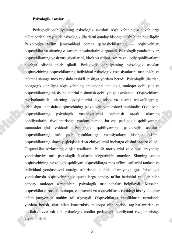 xloqiy va ijtimoiy jihatdan ham rivojlanishiga xizmat qiladi. bu jarayonda o‘qituvchi o‘quvchilarning individual xususiyatlarini inobatga olish, ularga mos ta'lim usullarini qo‘llash, shuningdek, ta'limni yanada samarali tashkil etish uchun zarur ko‘nikmalarni egallash kerak. pedagogik qobiliyatning asosiy tarkibiy qismlaridan biri — o‘qituvchining bilim darajasi va uning o‘quvchilarni qiziqtirish, motivatsiya berish qobiliyatidir. o‘qituvchi o‘z bilimlarini faqat nazariy emas, balki amaliy tarzda o‘quvchilarga yetkazish, ularning o‘rganish jarayoniga faol jalb qilish va ular bilan muloqotda bo‘lishi zarur. o‘qituvchi o‘z pedagogik qobiliyati orqali o‘quvchilarning qiziqishlarini uyg‘otadi, ularni faoliyatga undaydi va ta'limni samarali olib boradi. shuningdek, pedagogik qobiliyatning ta'lim jarayonidagi roli o‘qituvchining psixologik yondashuviga bog‘liq. o‘quvchilar turli yoshdagi va turli psixologik xususiyatlarga ega bo‘lgan shaxslar bo‘lib, har birining o‘ziga xos ehtiyojlari, qiziqishlari va imkoniyatlari mavjud. o‘qituvchi bu xususiyatlarni inobatga olgan holda, ta'limni individual ravishda tashkil etish, o‘quvchilarning rivojlanishiga mos uslublar va metodlarni qo‘llashni bilishi kerak. pedagogik qobiliyatning bu jihati o‘quvchilarni rag‘batlantirish, ular bilan hissiy va ma'naviy aloqa …