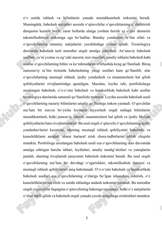 oni nafaqat o‘quvchilarning o‘zlashtirish darajasini aniqlash, balki ularning bilim olishga bo‘lgan qiziqishini oshirish, ta’lim sifati va pedagogik jarayonning samaradorligini ta’minlash vazifasini ham bajaradi. ayniqsa, texnologiya fanida baholash tizimining aniq va samarali bo‘lishi muhim ahamiyat kasb etadi, chunki bu fan o‘quvchilarning nazariy bilimlarini amaliy mashg‘ulotlar bilan bog‘liq holda rivojlantirishni talab qiladi. baholash jarayoni texnologiya darslarida o‘quvchilarning o‘zlashtirish darajasini aniqlash va ularning rivojlanishiga ko‘maklashish uchun muhim vosita bo‘lib xizmat qiladi. o‘qituvchi baholash orqali o‘quvchilarning qaysi bilim va ko‘nikmalarga ega ekanligini aniqlaydi, qaysi jihatlarda ularga qo‘shimcha yordam zarurligini tushunadi. bu esa ta’lim jarayonini individual tarzda tashkil etish va har bir o‘quvchining imkoniyatlaridan kelib chiqib yondashish imkonini yaratadi. shu bilan birga, samarali baholash tizimi o‘quvchilarning o‘z-o‘zini rivojlantirishga bo‘lgan intilishlarini rag‘batlantiradi va ularni faol o‘rganishga undaydi. texnologiya fanida baholash nafaqat nazariy bilimlarni, balki amaliy mashg‘ulotlarda egallangan ko‘nikmalarni ham o‘lchash uchun zarurdir. chunki texnologiya fani o‘quvchilarning ijodiy fikrlashini rivojlantirish, muammolarni hal qilish qobiliyatini shakllantirish hamda kasbiy …