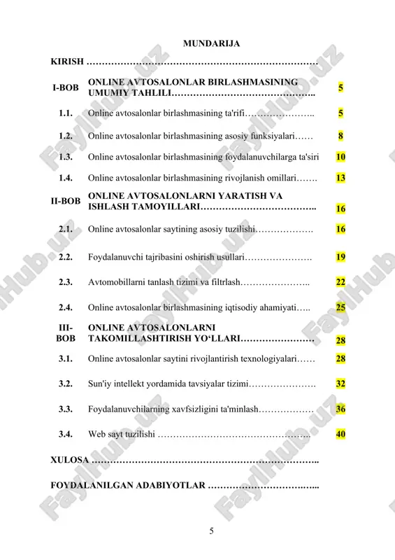 niyati beriladi. shu bilan birga, avtosalonlar o‘zaro hamkorlik qilib, umumiy logistika tizimini yaratadi, reklama xarajatlarini kamaytiradi, mijozlarga yetkazib berish xizmatini taklif qiladi, bu esa savdoni yanada samarali qiladi, o‘zbekiston sharoitida bu tizim viloyatlardagi xaridorlarga ham markaziy bozorga kirish imkonini beradi, masofadan turib buyurtma berish va yetkazib berishni tashkil qilish imkoniyati paydo bo‘ladi. lekin texnik infratuzilma, xavfsiz to‘lov tizimlari va sifatli xizmat talab qilinadi, internet aloqasi zaif hududlarda qiyinchiliklar kelib chiqishi mumkin, avtosalonlar o‘rtasidagi ichki raqobat esa birlashmaning umumiy maqsadlariga ta’sir qilishi ehtimoldan xoli emas, shuningdek, mijozlarning ishonchini qozonish uchun shaffof narxlar va sifat kafolati zarur, chunki onlayn xaridda ishonchsizlik bo‘lishi mumkin. umuman, bu tizim an’anaviy savdoni raqamli dunyoga olib chiqadi, avtomobil sanoatini raqamlashtiradi, o‘zbekistonda avtomobil bozori rivojiga hissa qo‘shadi, xaridorlarga qulaylik yaratadi, avtosalonlarga yangi imkoniyatlar ochadi, mahalliy iqtisodiyotni raqamli xizmatlar bilan bog‘laydi, kelajakda bu tizim yanada kengayib, avtomobil xizmatlari, ta’mirlash va ehtiyot qismlar savdosini ham qamrab olishi mumkin. online avtosalonlar …
