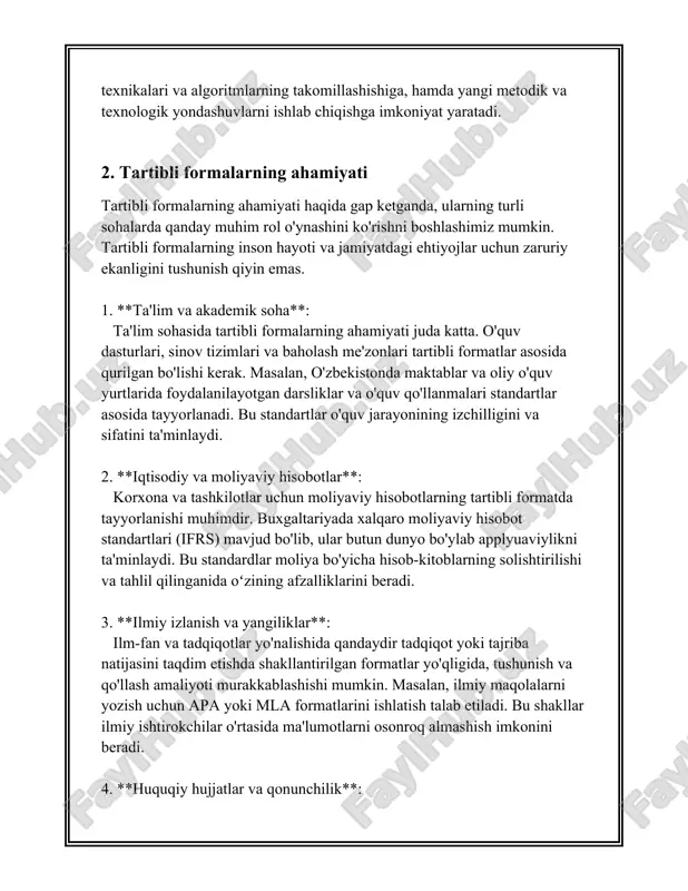 i maydonda joylashgan bo'lib, har bir element bir nechta o'lchamlar bo'ylab harakatlanishi mumkin. giperkubik modellarning keng qo'llanilishi kompyuter fanlarida, xususan, ma'lumotlar ombori tuzilmalarida uchraydi. - ko'p o'lchamli massivlar (matrikslar) ham giperkubik tartibli formalarga misol bo'la oladi. 3. **grafik formalar:** - grafik formalarda elementlar tugunlar va ular orasidagi bog'lanishlarni (yoylarni) tashkil etadi. grafik nazariyasi informatsiya matematikasi, tarmoqlar, elektron sxemalar kabi turli qo'llanmalarda qo'llaniladi. - misol sifatida, 10 ta tugundan va 15 ta yoydan iborat grafikni keltirish mumkin. 4. **ierarxik formalar:** - ierarxik formalarda elementlar ma'lum bir ierarxiya yoki tuzilishga bo'ysunadi. bunday formalarning ko'rinishlari hujjat tuzilmalari, fayl tizimlari va turli tashkilotlarda uchraydi. - masalan, daraxt (tree) tuzilmalari, bunday formalarga ajoyib misoldir, chunki ularning har bir tuguni o'zidan keyingi darajadagi tugunlar bilan aloqada bo'ladi. - ierarxik qatlamlarda ko'p sonli (100 dan ortiq) tugunlar va ularning bog'lanishlari o'rganiladi. 5. **rekursiv formalar:** - rekursiv formalarda har bir element o'zidan ba'zi bir qoidalar asosida boshqa elementlarni …