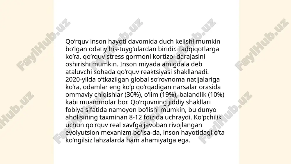 higa turli hayotiy voqealar va ijodiy yechimlarni oladi. dastlab 1960-yillarda sahnalashtirilgan "afsus" bugungi kungacha dolzarbligini yo‘qotmagan. asarning asosiy maqsadi tomoshabinlarni o‘z hayotlari haqida chuqur o‘ylashga undashdir. "afsus" spektakli o‘yin va musiqa orqali tomoshabinlarga yetkaziladi, har bir qismda muallifning chuqur falsafasi va voqealarni hajmli tasvirlash uslubi namoyish etiladi. ... t.me/slaydai_bot 13. tashvish 13. tashvish mavzusi bo'yicha axborot quyidagicha bo'lishi mumkin: tashvish (anksiyete) — bu odamning kelajakdagi noma'lum voqealar haqida xavotir yoki qo'rquv hissini boshdan kechirishi. dunyo aholisining 4-5% qismi bezovtalik buzilishlaridan aziyat chekadi. tashvish buzuqliklari turlicha namoyon bo'lishi mumkin, jumladan, umumiy tashvish buzuqligi, ijtimoiy tashvish buzuqligi va panika hujumlari. statistikaga ko'ra, ayollar o'rtasida tashvish buzilishlari erkaklarga qaraganda ikki baravar ko'p uchraydi. odatda, tashvish buzilishlari o'smirlik davrida yoki 20-30 yoshlar oralig'ida boshlanadi. agar tashvish inson hayotining turli sohalariga ta'sir etsa, bu holat terapiya yoki dori-darmonlar orqali davolanishi mumkin. emotsiyaning umumiy turlari j e'tiboringiz uchun raxmat! image1.png image2.png image3.png image4.jfif image5.jpg image6.jfif image7.png …