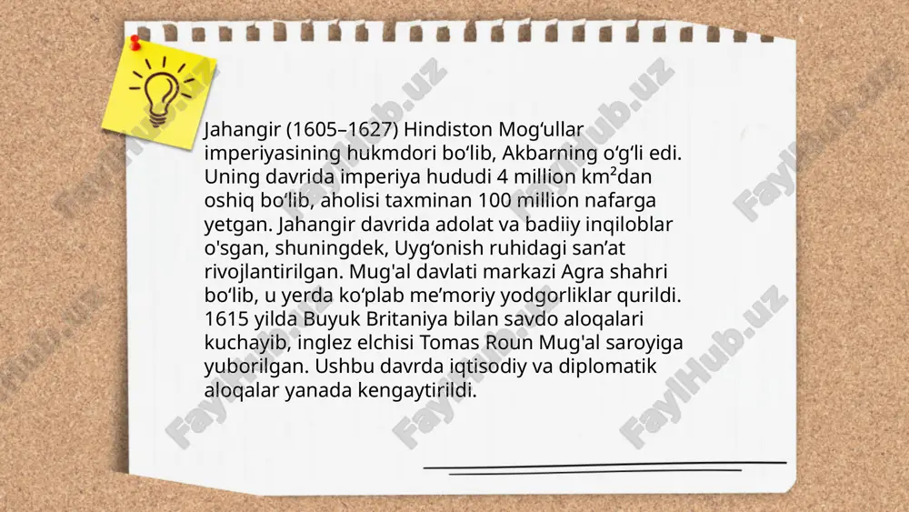 zmatkorlar) mavjud edi. shuningdek, ushbu davrda musulmon hukmdorlar, jumladan mo'g'ul imperiyasi, katta ta'sir ko'rsatdi. mo'g'ul hukumati ostida, ijtimoiy tuzilma yanada boyib, farmoyish va oqligu davlat vazifalarini bajargan turli lavozimlar mavjud edi. shahar va qishloqlar o'rtasida iqtisodiy va ijtimoiy tafovutlar mavjud bo'lib, qishloq joylarda dehqonlar asosiy ijtimoiy qatlamni tashkil etardi. ... t.me/slaydai_bot 13. boburiy hukmdorlar va ularning harbiy yutuqlari. boburiylar sulolasi 1526 yilda bobur tomonidan hindistonda asos solingan. bobur panipat jangida (1526) sulton ibrohim lo'dini mag'lub etib dehli sultonligini zabt etdi. humoyun (1530-1540, 1555-1556) davlatni saqlash uchun bir qancha janglarda qatnashdi, ammo sher shoh suri tomonidan vaqtincha mag'lubiyatga uchradi. akbar (1556-1605) davrida imperiya hindistonning katta qismini egalladi, xususan, 1556 yilda panipatda vikramaditiyani mag'lub etdi va 1599 yilda ahmednagarni qo'lga kiritdi. jahongir (1605-1627) va shoh jahon (1628-1658) davrlarida hududiy kengayish davom etdi. avrangzeb (1658-1707) dehli hukmronligini yana kengaytirdi, dekan va janubiy hindistonda g'alaba qozondi. 16 17 asrlarda hindiston tayorladi: dilrabo dadamirzayeva e'tiboringiz …