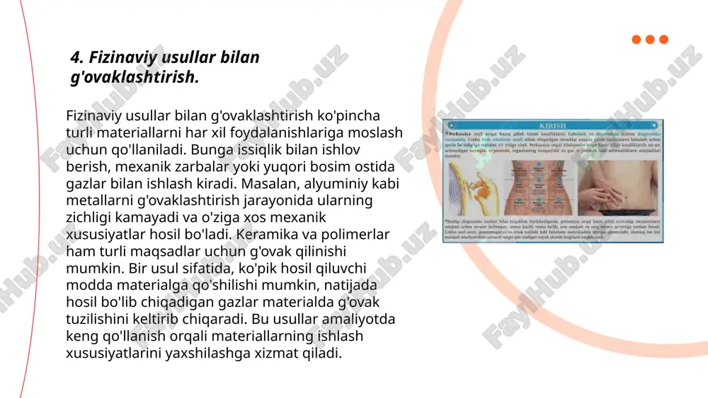 ta turli usullarni o'z ichiga oladi. ularda kimyoviy va fizik jarayonlar qo'llaniladi. kimyoviy usullarga ko'piklantiruvchi moddalar yordamida hosil qilish kiradi, bu moddalarning parchalanishi natijasida gaz hosil bo'ladi va polimer matritsasida g'ovaklar hosil bo'ladi. fizik usullarga esa gazni polimer eritmasiga quvvat orqali chiqarish kiradi. shuningdek, superkritik co2 yordamida g'ovak hosil qilish usuli ham keng qo'llaniladi. ushbu usullar bilan turli o'lcham va xususiyatdagi g'ovakli materiallar olish mumkin, bu ularning qo'llanish imkoniyatlarini kengaytiradi. g'ovakli polimerlar ko'pincha izolyatsiya materiallari, filtrlar va biotibbiyotda qo'llaniladi. ... t.me/slaydai_bot metallarning g'ovaklashtirish texnologiyasi metallarning tuzilishini o'zgartirib, ularga yengillik va issiqlik izolyatsiyasi xususiyatlarini beradi. bu jarayon ko'pincha alyuminiy va titanium kabi metallda qo'llaniladi. g'ovaklashtirish metallarni eritish, kukun tayyorlash va maxsus kalıplarda shakllantirish orqali amalga oshiriladi. harorat va bosim parametrlarini boshqarish orqali g'ovaklanish darajasi nazorat qilinadi. natijada, materiallar o'zgartirilgan mexanik xususiyatlarga ega bo'lib, aviatsiya, avtomobilsozlik va qurilish sanoatida keng qo'llaniladi. to'qimalarning yengilligi va qat'iyati bilan ajralib turadi, bu esa transport vositalari …