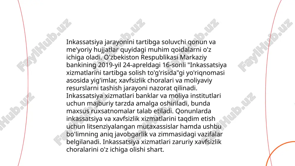uvchi nazoratni o'tkazishi mumkin. yaxshi boshqaruv amaliyotlari uchun, inkassatsiya mablag'lari o'z vaqtida murakkab xatoliklarga yo'l qo'ymay hisobot tuzilishi zarur. ... t.me/slaydai_bot banklarda kassa xizmatlari bo‘yicha hisobotda kiritilgan mablag‘lar, naqd pul aylanishi va xarajatlar ko‘rsatiladi. bunday hisobotlar bankning moliyaviy holatini tahlil qilishda muhimdir. masalan, o‘tgan yilning birinchi yarim yilligida banklarning umumiy kassa tushumi 5 trillion so‘mni tashkil etdi. shuningdek, kassadan chiqimlar 4.5 trillion so‘mni tashkil qildi. kassa xizmatlari orqali kunlik o‘rtacha 20 million so‘m mablag‘ qayta ishlanadi. bu hisobotlar orqali banklar kassa operatsiyalarini optimallashtirish va xatoliklarni oldini olish imkoniga ega bo‘ladi. ... t.me/slaydai_bot inkassatsiya va kassa xizmatlarining iqtisodiy samaradorligi banklar va korxonalar uchun muhimdir. so'nggi yillarda ushbu xizmatlar samaradorligini oshirish uchun yangi texnologiyalar va avtomatlashtirish jarayonlari joriy etilmoqda. statistikaga ko'ra, yangi texnologiyalar yordamida kassa xizmatlarining tezligi 30% ga oshgan. inkassatsiya xizmatlarida xavfsizlikni ta'minlash uchun 20% ko'proq resurslar yo'naltirilmoqda. elektron kassa tizimlari ishchi vaqtini 25% ga tejaydi va operatsion xarajatlarni 15% ga …