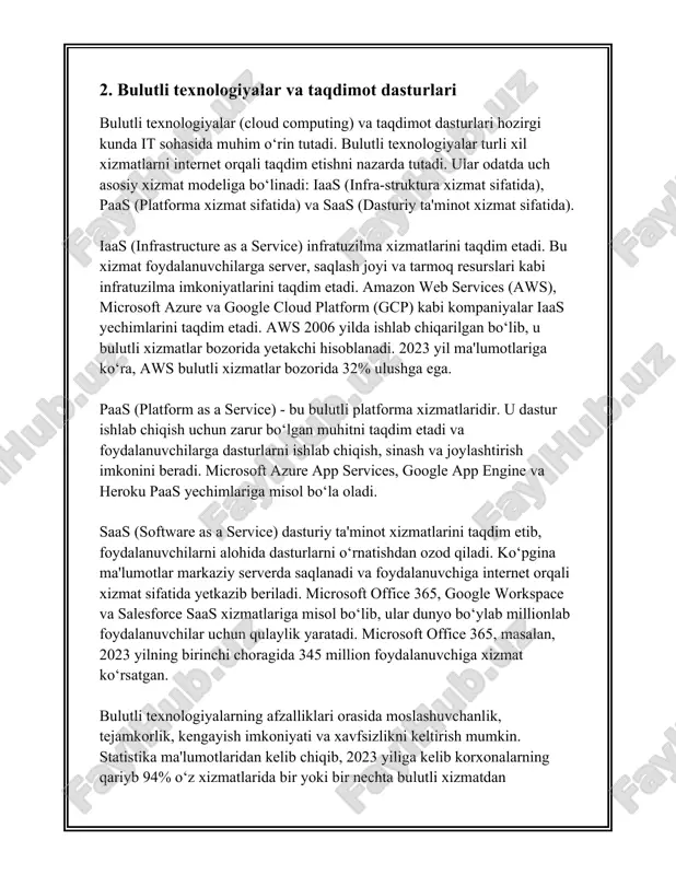 , foydalanuvchilarga o'z ma'lumotlariga istalgan joydan, istalgan vaqtda, turli xil qurilmalardan kirish imkonini beradi. shu tariqa, ishchilar har qanday joydan masofaviy ishlash imkoniyatiga ega bo'ladilar. 2. **xarajatlarni tejash**: bulutli saqlashning eng katta afzalliklaridan biri bu tezkor joriy qilish va xarajatlarni qisqartirishdir. an'anaviy saqlash infratuzilmasini joriy qilish katta sarmoyalar talab qilsa, bulutli saqlash xizmatlari foydalanish uchun haq to'lash (pay-as-you-go) modeli asosida ishlaydi. bu esa bizneslarga zarur saqlash resurslarini tez va oson olish imkonini beradi, ortiqcha xarajatlarni kamaytiradi va kapital sarmoyalarni operatsion xarajatlarga aylantiradi. 3. **moslashuvchanlik va kengaytirish imkoniyati**: bulutli saqlash xizmatlarining infratuzilmasi moslashuvchanlik va kengaytirish imkonini beradi. tashkilotlar o'zlarining saqlash talablariga qarab resurslar hajmini osonlik bilan oshirishlari yoki kamaytirishlari mumkin. bu, katta hajmdagi saqlash loyihalari uchun juda zarur bo'lgan xususiyat hisoblanadi. 4. **ma'lumotlarni himoya qilish**: bulutli saqlash xizmatlarida ma'lumotlarni xavfsiz saqlash uchun xavfsizlik choralarining turli darajalari qo'llaniladi. ma'lumotlar shifrlanishi, kirish nazorati va boshqa xavfsizlik texnologiyalari yordamida himoya qilinadi. bu esa maxfiy …