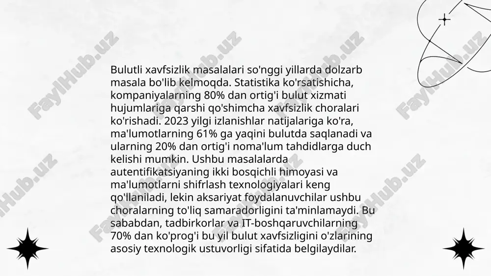 bo'lgan axborotni himoyalash va shaxsiy ma'lumotlarni qo'riqlash qonunlarida muayyan qoidalar mavjud. boshqa davlatlarda, xususan, yevropa ittifoqi mamlakatlarida esa gdpr kabi qoidalar bulutdagi ma'lumotlar xavfsizligini yoritadi. bulutli hisoblashdagi asosiy muammolar shaxsiy ma'lumotlarning maxfiyligi, ma'lumotlarning integriteti va uchinchi tomonlar tomonidan kirish huquqini cheklash bilan bog'liq. o'zbekistonda ushbu texnologiyalarni tartibga solish uchun alohida qadamlar ko'rilmoqda. ... t.me/slaydai_bot bulutli hisoblashda api (application programming interface) texnologiyasi turli ilovalar va xizmatlar o'rtasida integratsiyani osonlashtiradi. api’lar orqali dasturchilar bulutli muhitda saqlanadigan ma'lumotlarga masofaviy kirish imkoniyatiga ega bo'ladi. 2021 yilgi hisobotlarga ko'ra, api’lar yordamida bulutli xizmatlarga kirish 90% dan oshiq foydalanuvchilar uchun samaradorligini oshirdi. bulut xizmatlarini ko’rsatuvchi kompaniyalarning 80% dan ko'pi api taklif qiladi. api’lar xavfsizlikni ta’minlash uchun autentifikatsiya va avtorizatsiya usullarini qo‘llaydi, bu esa ko'plab tashkilotlar uchun foydalidir. shu sababli, api'lar bulutli texnologiyalarning ajralmas qismiga aylangan. ... t.me/slaydai_bot 13. xususiy, davlat va gibrid bulutlar xususiy, davlat va gibrid bulutlar hisoblash texnologiyalari uch turga bo'linadi. xususiy bulutlar, korxona …