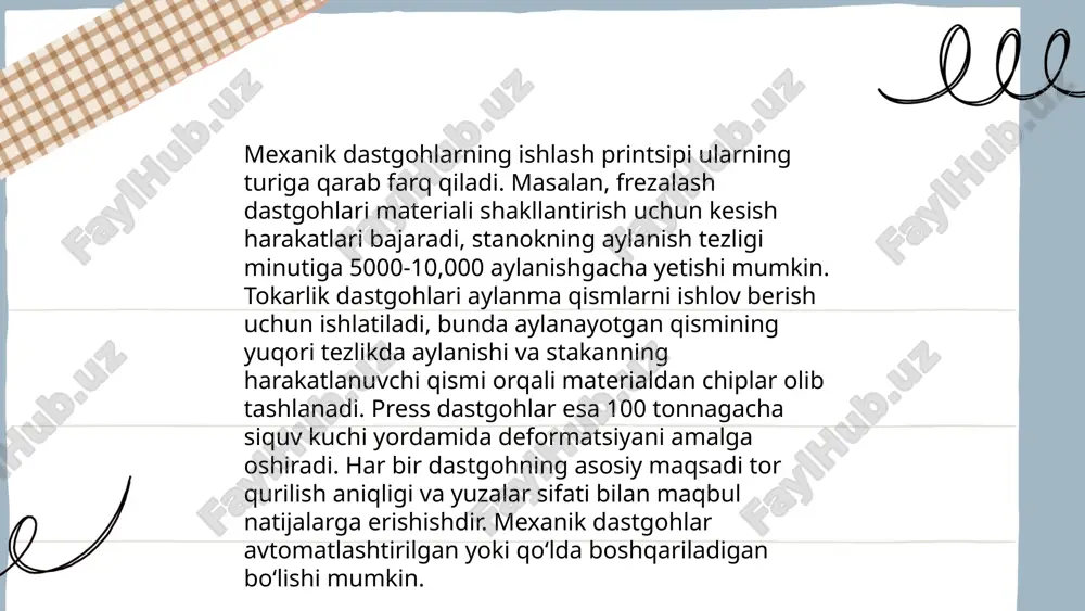 rligini oshiradi va inson qo'li bilan tezkor o'zgarishlar talab qiladigan jarayonlarni avtomatlashtiradi. ... t.me/slaydai_bot yangilangan texnologiyalar ishlab chiqarish jarayonlarini sezilarli darajada samaraliroq qiladi. masalan, avtomatlashtirilgan tizimlar va sun'iy intellekt joriy etilishi zavodlarda ish unumdorligini 30% gacha oshirishi mumkin. energiya samaradorligi texnologiyalari elektr energiyasini iste'molini 20% gacha kamaytiradi. raqamli tahlil vositalari kompaniyalar uchun xarajatlarni 15% ga qisqartiradi. qurilishda qayta tiklanadigan energiya manbalari foydalanilishi bilan karbonat angidrid chiqindilari 40% gacha kamayishi mumkin. sensor va iot texnologiyalari mahsulotlarning sifat nazoratini 25% yaxshilaydi. shuningdek, bulutli kompyuter xizmatlaridan foydalangan holda, ma'lumot saqlash xarajatlarini 50% gacha kamaytirish mumkin. ... t.me/slaydai_bot dastgohlarning texnik xizmat ko‘rsatish tartibi bilan bog‘liq muhim ma’lumotlar quyidagicha: dastlabki xizmat ko‘rsatish har 1000 soatdan keyin amalga oshiriladi. texnik xizmatning muntazam bo‘lishi kerak, masalan, har oyda yoki 250 soatda bir marta. xizmat ko‘rsatish paytida yog‘lar, sovutish suyuqliklari va filtrlar tekshiriladi va o‘zgartiriladi, agar zarur bo‘lsa. asbob-uskunalar har 6 oyda bir marta sinovdan o‘tkazilishi kerak. har …