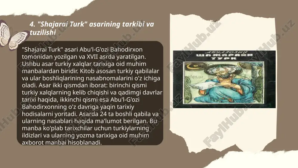 .me/slaydai_bot "shajarai turk" amir temur nasli haqida muhim tarixiy asarlardan biridir. asar boburiylar sulolasining asoschisi zahiriddin muhammad bobur tomonidan yozilgan. qoʻlyozmalar asosan 16-17-asrlarda yozilgan va ularning turli nusxalari oʻzbekiston, hindiston, turkiya, buyuk britaniya va rossiyadagi turli kutubxonalarda saqlanmoqda. asarning eng qadimgi nusxalaridan biri britaniya muzeyida saqlanib qolgan boʻlib, u 19-asrning boshlariga oid. "shajarai turk" ning umumiy hajmi taxminan 500-600 betdan iborat boʻlib, u turkiy xalqlar, ayniqsa temuriylar tarixi haqida qimmatli maʼlumotlar beradi. asarda temuriylarning nasl-nasabi, siyosiy bayoni hamda turli urushlar haqida batafsil maʼlumotlar keltirilgan. ... t.me/slaydai_bot "12. asr nashrlari va chop etilishiga oid ma'lumotlar asosan arab va fors tillarida yozilgan asarlar bilan bog'liq. ushbu davrda islom dunyosida kitob nashri va qo'lyozma ishlari keng rivojlangan. ko'plab ilm-fan, falsafa, tibbiyot va adabiyot sohasidagi asarlar nashr etilgan. bu davrda nashr qilingan asarlar orasida ibn sino, al-xorazmiy, va al-biruniy kabi olimlarning asarlari muhim rol o'ynagan. bahouddin naqshband kabi davomchilar tomonidan tasavvuf va diniy asarlar …
