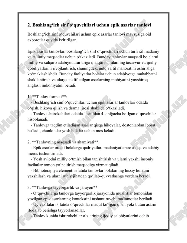 i. bu asarlar orqali o'quvchilar tarixiy voqealarni, urf-odatlarni va qadimiy madaniyatlarni o'rganadilar. ikkinchi usul – epik asarlarni qismlarga ajratib o'rgatish. ko'pincha epik asarlar hajmi katta bo'lganligi sababli, ularni to'liq o'qish qiyin bo'lishi mumkin. shu sababli, o'quvchilarga asarni qismlarga bo'lib, muhim epizodlarni tahlil qilish orqali tushuntirish tavsiya etiladi. bu holatda, asarning asosiy syujet chizig'i, qahramonlar va ularning o'ziga xos xususiyatlari haqida gapirish mumkin. uchinchi usul – interaktiv metodlardan foydalanish. zamon talablariga mos ravishda, interaktiv ta'lim usullari tobora mashhur bo'lib bormoqda. masalan, epik asarlarni teatr ko'rinishida sahnalashtirish yoki multimedia vositalari yordamida vizualizatsiyasini yaratish orqali o'quvchilarning diqqat-e'tiborini oshirish mumkin. raqamli platformalar va e-kitoblar orqali asarlar bilan tanishish ham bu jarayonni yanada qulaylashtiradi. to'rtinchi usul – epik asarlarni zamonaviy asarlar bilan qiyoslash va ulardan kelib chiqqan ilhomlarni o'rganish. ko'plab zamonaviy adabiy va kino asarlari epik yodgorliklardan ilhomlanadi. masalan, "uzuklar hukmdori" trilogiyasi yoki "qahramonlar" seriali ko'plab qadimiy epik syujetlarga asoslanadi. bu orqali o'quvchilarga epik asarlarning …