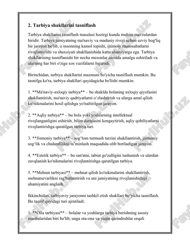 izoh, ma’ruza, dars. bu usullar orqali axborot yetkazish va fikr almashish imkoniyati yaratiladi. - **ilmiy-nazariy usullar**: masalan, analiz, sintez, qiyoslash. bu usullar orqali o‘quvchilar voyaga yetib kelayotgan ko‘nikmalarni shakllantirishga xizmat qiladi. - **amaliy usullar**: amaliy mashg‘ulotlar, laborator ishlari. bu usullar orqali talabalarning amaliy mahoratlari rivojlantiriladi. 3. **shakllarning turi**: - **individuallashtirilgan shakl**: bu shakl har bir o‘quvchining shaxsiy imkoniyatlarini hisobga olgan holda tashkil etiladi. - **guruhli shakl**: yakka yoki kichik guruhlarda o‘tkaziladigan jismoniy va intellektual mashg‘ulotlar. - **front va frontal shakl**: barcha o‘quvchilar uchun bir vaqtda o‘tkaziladigan tarbiyaviy tadbirlar. 4. **tarbiya jarayonida usul va shakllarning tanlanish omillari**: - pedagogik vaziyat: muayyan mavzu yoki muammo bo‘yicha qanday metod va shakl eng yaxshi natija berishini belgilaydi. - o‘quvchilarning yoshi: yoshlarga mos ravishda usul va shakllar tanlanishi zarur. - pedagog mahorati: tajribali pedagoglar ko‘pincha murakkab usullar va yangi shakllarni qo‘llashlari mumkin. 5. **tarbiya jarayonida usul va shakllarning samaradorligi**: - muvofiqlik: tarbiyaviy maqsadlar va foydalanilayotgan …