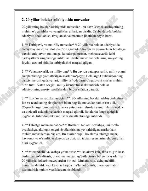 shlarida bolalar adabiyotida sotsializmni targ'ib qilish yo'lida asarlar yozildi. bu davrda bolalarni mustahkam bilim olishga, mehnatsevar bo'lishga va jamiyatda faol ishtirok etishga chorlash maqsadida ko'plab asarlar yaratildi. ayni paytda, temur malik, g'ulom zafariy va boshqa shoirlar bolalar uchun she'rlar ijod qilishgan. jadidchilik harakati ortidan qad krok qilgan she'riyatning asosiy maqsadi savodxonlikni oshirish va savodli yangi avlodni tarbiyalash edi. bu davrda maktab o'quv dasturlariga mos holda xalqning madaniy saviyasini ko'tarishga qaratilgan ko'plab she'riy asarlar yozildi. bolalar adabiyotining rivojlanishi natijasida yosh avlod uchun maxsus mo'ljallangan ko'plab kitoblar va matbuot nashrlar paydo bo'ldi. bolalar adabiyotining rivoji faqat didaktik asarlar bilan cheklanib qolmay, bu davrda bolalar uchun tarjima adabiyoti ham tarkib topdi. rossiya va boshqa davlatlardan olib kelinib tarjima qilingan asarlar bolalar adabiyotining boyishi va qisqa vaqt ichida kengroq mazmun kasb etishiga sabab bo'ldi. 1920-30-yillar o'zbek bolalar she'riyati davrida ko'plab taniqli shoirlar tomonidan ijod qilingan. bu asarlar, aslida, o'sha davrning achchiq va muammolar bilan …