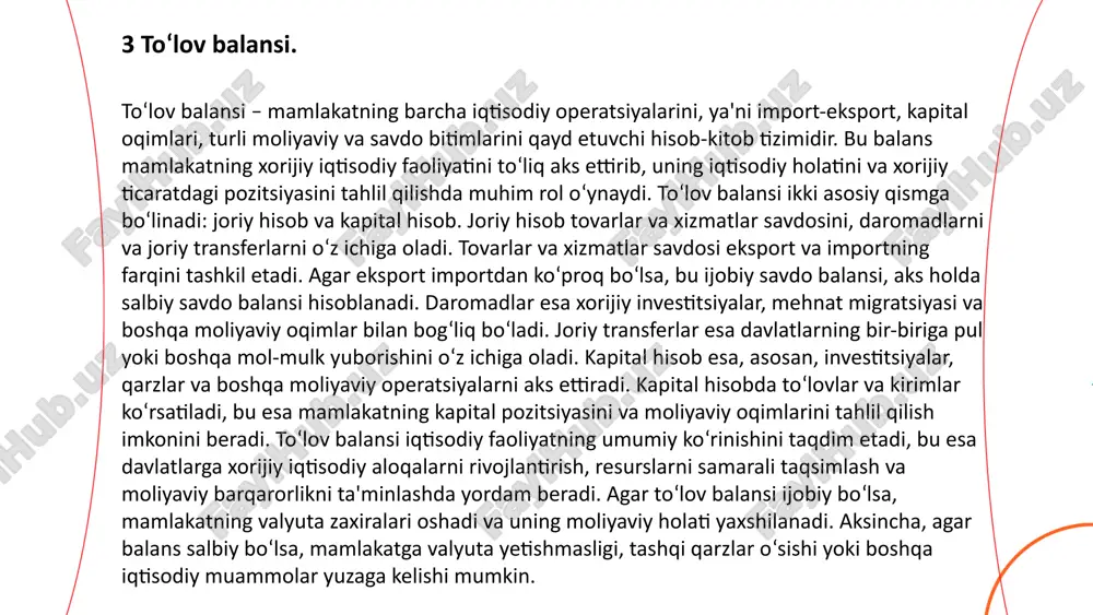 izmatlar taqdim etish, eksportchilar uchun yangi bozorlarni ochadi va ularni raqobatbardosh qilish imkoniyatini yaratadi. eksportning o‘sishi, shuningdek, mamlakatning valyuta zaxiralarini oshirishga yordam beradi, chunki eksport qilinadigan mahsulotlar sotilishi orqali chet el valyutasi mamlakatga kiradi. import esa mamlakatga chet eldan yetkazib beriladigan tovarlar va xizmatlar orqali amalga oshiriladi. 6 eksport-import. ... t.me/slaydai_bot maxsus iqtisodiy zona (miz) — bu ma'lum bir hududda iqtisodiy faoliyatni rivojlantirish maqsadida davlat tomonidan o‘rnatilgan maxsus shartlar va imtiyozlar bilan ta'minlangan hududdir. maxsus iqtisodiy zonalar, odatda, investitsiyalarni jalb qilish, yangi texnologiyalarni import qilish va ishlab chiqarishni modernizatsiya qilish maqsadida tashkil etiladi. ushbu hududlarda soliqlarni kamaytirish, bojxona to‘lovlarini bekor qilish, soddalashtirilgan ruxsatnomalar tizimi va boshqa imtiyozlar taqdim etiladi. mizlar, o‘z navbatida, mamlakatning iqtisodiy rivojlanishiga xizmat qiladi, yangi ish o‘rinlari yaratadi, xalqaro savdo imkoniyatlarini kengaytiradi va iqtisodiy o‘sishga turtki beradi. maxsus iqtisodiy zonalar, asosan, iqtisodiy tarmoqlarni rivojlantirish uchun mo‘ljallangan va ular ko‘pincha sanoat, texnologiya, qishloq xo‘jaligi yoki turizm kabi sohalarda …