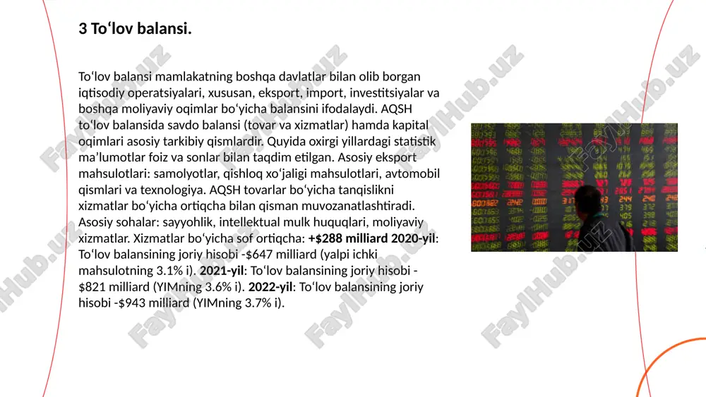 lari. xizmatlar: moliyaviy xizmatlar, intellektual mulk, sayyohlik va ta’lim xizmatlari. kanada: $360 milliard (+8% o‘sish). xitoy: $180 milliard (+4% o‘sish) meksika: $160 milliard (+5% o‘sish) yaponiya: $90 milliard (+3% o‘sish) tovarlar: elektronika (kompyuterlar, telefonlar, qismlar), kiyim-kechak, avtomobillar, neft va energiya mahsulotlari, tibbiy asboblar. aqshning umumiy eksport hajmi 2023-yilda $2.5 trillionni tashkil etadi. bu 2022-yilga nisbatan 6.2% o‘sishni anglatadi. tovarlar: avtomobillar, samolyotlar, elektronika, qishloq xo‘jaligi mahsulotlari (guruch, soya, makkajo‘xori) va farmatsevtika mahsulotlari. xizmatlar: moliyaviy xizmatlar, intellektual mulk, turizm va ta’lim xizmatlari. eksport o‘sishi: 7% import o‘sishi: 8% 6 eksport-import. ... t.me/slaydai_bot aqshda maxsus iqtisodiy zonalar (miz) mamlakatning iqtisodiy o‘sishini va sanoat sektorining rivojlanishini qo‘llab-quvvatlash uchun yaratilgan. bu zonalar, asosan, cheklangan soliq imtiyozlari, bojxona imtiyozlari, hamda xorijiy investitsiyalarni jalb qilish uchun turli xil rag‘batlantirishlar taqdim etadi. aqshda maxsus iqtisodiy zonalar muayyan hududlarda, odatda, tarmoqni diversifikatsiya qilish va innovatsiyalarni rag‘batlantirish maqsadida tashkil etiladi. aqshda 2023-yil holatiga ko‘ra, 250 dan ortiq maxsus iqtisodiy zona …