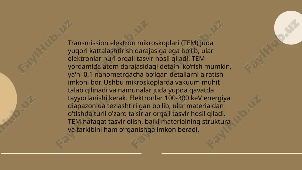 adi va kasalliklarni tushunishga yordam beradi. ... t.me/slaydai_bot 11. tem usuli (tibbiy elektron mikroskopiya) tibbiyot sohasida yangi innovatsiyalarni taqdim etadi. bu usul mikroorganizmlar va hujayra tarkibini yuqori aniqlikda tadqiq etishga imkon beradi, o‘lchamlarni 0,2 nanometrgacha aniqlikda ko‘rsatadi. janubiy koreya va yaponiyada tibbiyot o‘quv markazlarida yiliga 1000 dan ortiq tem yordamida tadqiqotlar olib boriladi. innovatsiyalar hujayra oqsillarini o‘rganishda, raki va boshqa kasalliklarni erta tashxislashda qo‘llaniladi, shuningdek, u diagnostika va terapevtik vositalarni takomillashtirish imkonini beradi. dunyo bo‘yicha 2023 yilda tem yordamida o‘tkazilgan klinik tadqiqotlar soni 5000 ga yetgan. ... t.me/slaydai_bot 12. sem (skanning elektron mikroskopiya) patogenez jarayonlarini o‘rganishda keng qo‘llaniladi. ushbu usul hujayra va to‘qimalarning aniq tasvirini yaratadi, bu esa patogenlarga qarshi kurashish jarayonlarini tushunishga yordam beradi. sem orqali patogen mikroorganizmlar, infektsiyalangan hujayralar va ularning o‘zaro ta'siri mikroskopik darajada o‘rganiladi. ushbu texnologiya orqali qamrab olinadigan tasvir rezolyutsiyasi 1 nanometrdan kichikroq bo‘lishi mumkin, bu esa ilmiy tadqiqotlarda aniq va chuqur tahlillar o‘tkazishga imkon …