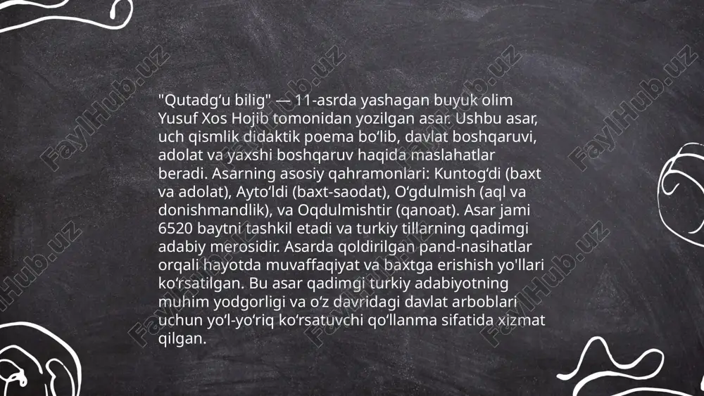 kiy adabiyotining yirik namunasidir. uni yusuf xos hojib yozgan va asarda do‘stlik va sodiqlik masalalari muhim o‘rin tutadi. do‘stlik, insonlar orasidagi samimiyat va ishonch asosida qurilgan munosabat sifatida tasvirlanadi. sodiqlik esa ishonch va xizmatga asoslangan fazilat sifatida ko‘rsatilgan. asarda hukmdor va vazirlar o‘rtasidagi sodiqlik va do‘stlik munosabatlari yaxshi yetkazilgan. ushbu mavzu orqali muallif insoniy munosabatlarning ma’naviy-axloqiy qadriyatlarini yuksaltirishni va jamiyatni barqaror qilishni maqsad qilgan. asar turli ijtimoiy qatlamlar va insoniy sifatlar orasidagi o‘zaro aloqalarni mufassal yoritadi. ... t.me/slaydai_bot 13. yusuf xos xojibning falsafiy qarashlari yusuf xos xojib oʻzining “qutadgʻu bilig” asarida inson hayoti va jamiyat masalalariga alohida eʼtibor qaratib, axloqiy-falsafiy qarashlarini bayon etadi. u ideal davlat boshqaruvi, adolat va bilimning ahamiyatiga urgʻu beradi. yusuf xos xojib adolat, aqida, dono hokim va fuqaro masʼuliyati kabi tushunchalarni ilm-fan va axloqiy tamoyillar orqali o‘rganadi. u insonni jamiyatning markaziga qo‘yib, uning axloqiy qadriyatlar asosida yashashini targ‘ib qiladi. shuningdek, xojib adolatning jamiyatdagi rolini va inson …