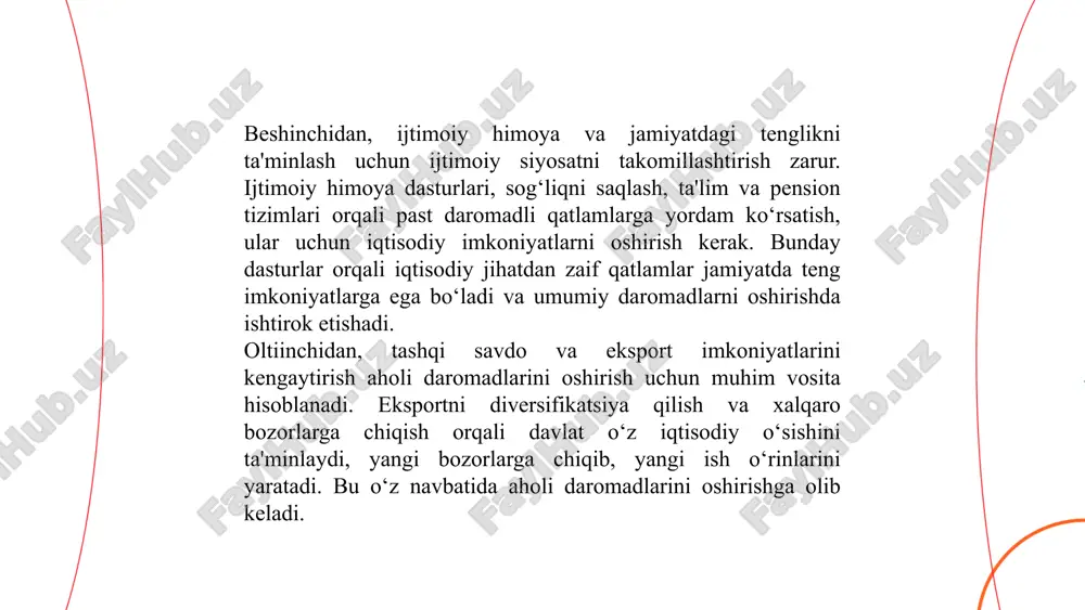 o‘z navbatida, ularning ruhiy salomatligini yaxshilaydi va jamiyatdagi o‘zaro tushunish va hamkorlikni mustahkamlaydi. ... t.me/slaydai_bot 3. ta'lim, tibbiyot va ijtimoiy xizmatlar sohalarida davlat investitsiyalarini ko'paytirish. ta'lim, tibbiyot va ijtimoiy xizmatlar sohalarida davlat investitsiyalarini ko‘paytirish jamiyatning uzoq muddatli rivojlanishi, aholi farovonligini oshirish va iqtisodiy barqarorlikni ta'minlash uchun juda muhimdir. ushbu sohalar davlatning eng asosiy mas'uliyatlaridan biri bo‘lib, ularni samarali rivojlantirish, resurslarni to‘g‘ri taqsimlash va hozirgi zamon talablariga moslashtirish talab etiladi. quyidagi usullar orqali davlat investitsiyalarini ko‘paytirish va samarali boshqarishni ta'minlash mumkin: ... t.me/slaydai_bot birinchidan, ta'lim tizimiga investitsiyalarni oshirish. ta'lim sohasiga ko‘proq investitsiya kiritish, kelajakda iqtisodiy va ijtimoiy o‘sishga erishishda muhim rol o‘ynaydi. ta'limni rivojlantirish uchun infratuzilma, maktablar va o‘quv yurtlarining jihozlanishi, zamonaviy ta'lim texnologiyalarining joriy etilishi zarur. o‘quvchilarga yuqori sifatli ta'lim berish, ta'lim dasturlarini yangilash va o‘qituvchilarni malakasini oshirishga qaratilgan investitsiyalar jamiyatda bilimli, innovatsion fikrlashga ega va yuqori malakali kadrlarni tayyorlash imkonini beradi. ta'limga investitsiyalar nafaqat xalqaro mehnat bozorida raqobatbardosh kadrlarni …